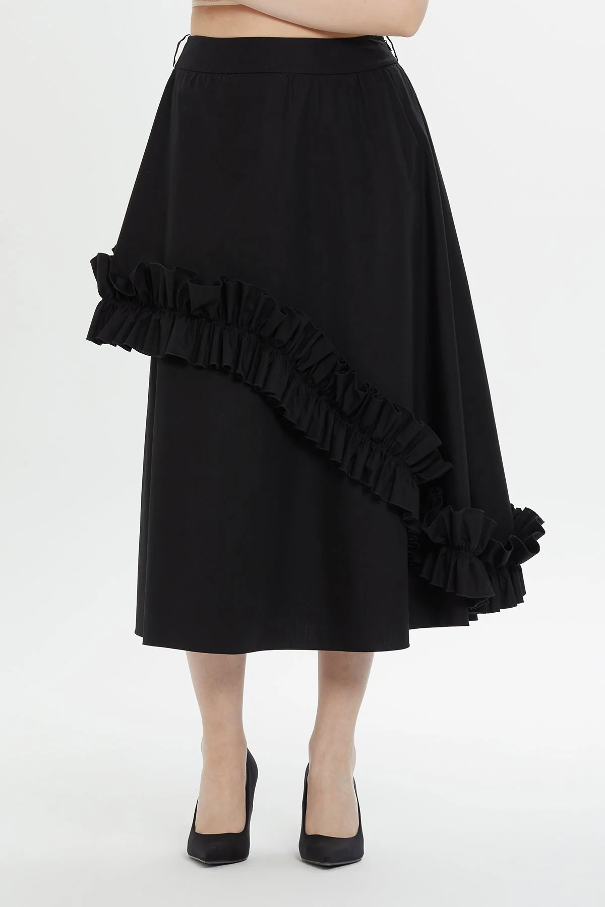 Black Asymmetric Midi Skirt