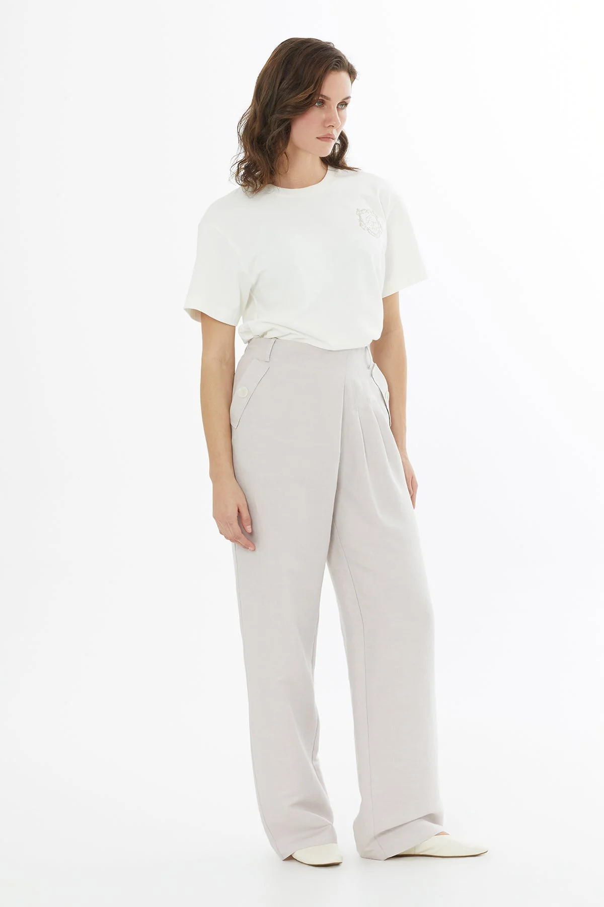 Beige Asymmetric Detail Linen Trousers - Image 3