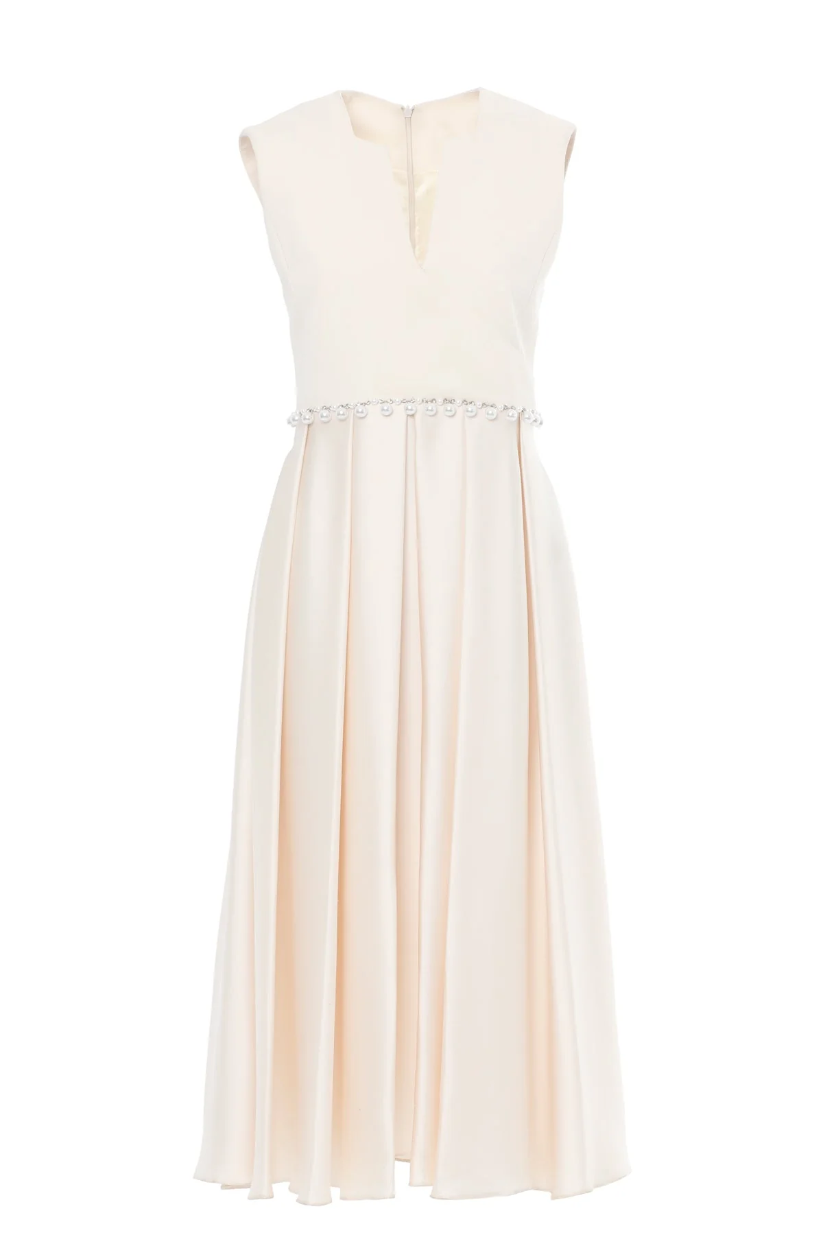 Beige Beaded-Pleat Midi Dress