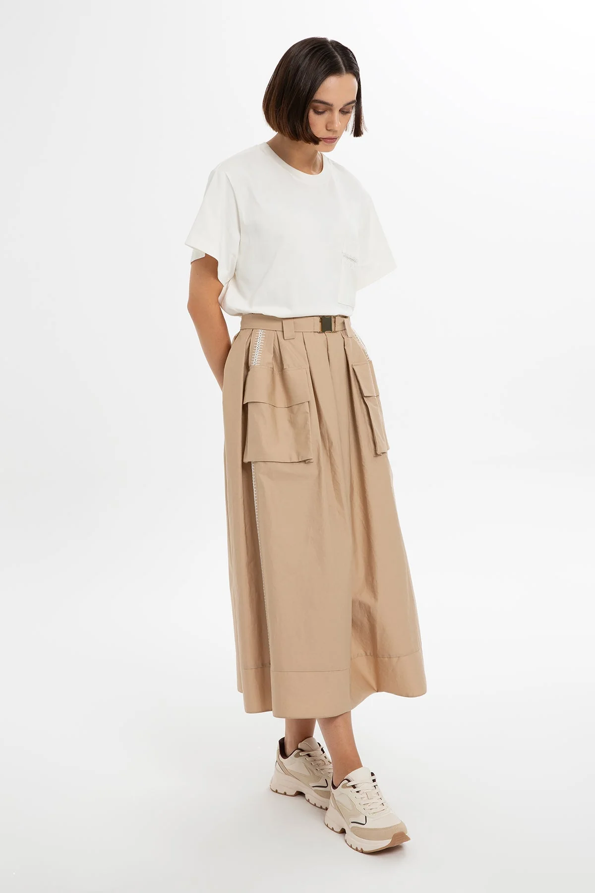 Beige Belted Cotton Midi Skirt - Image 3