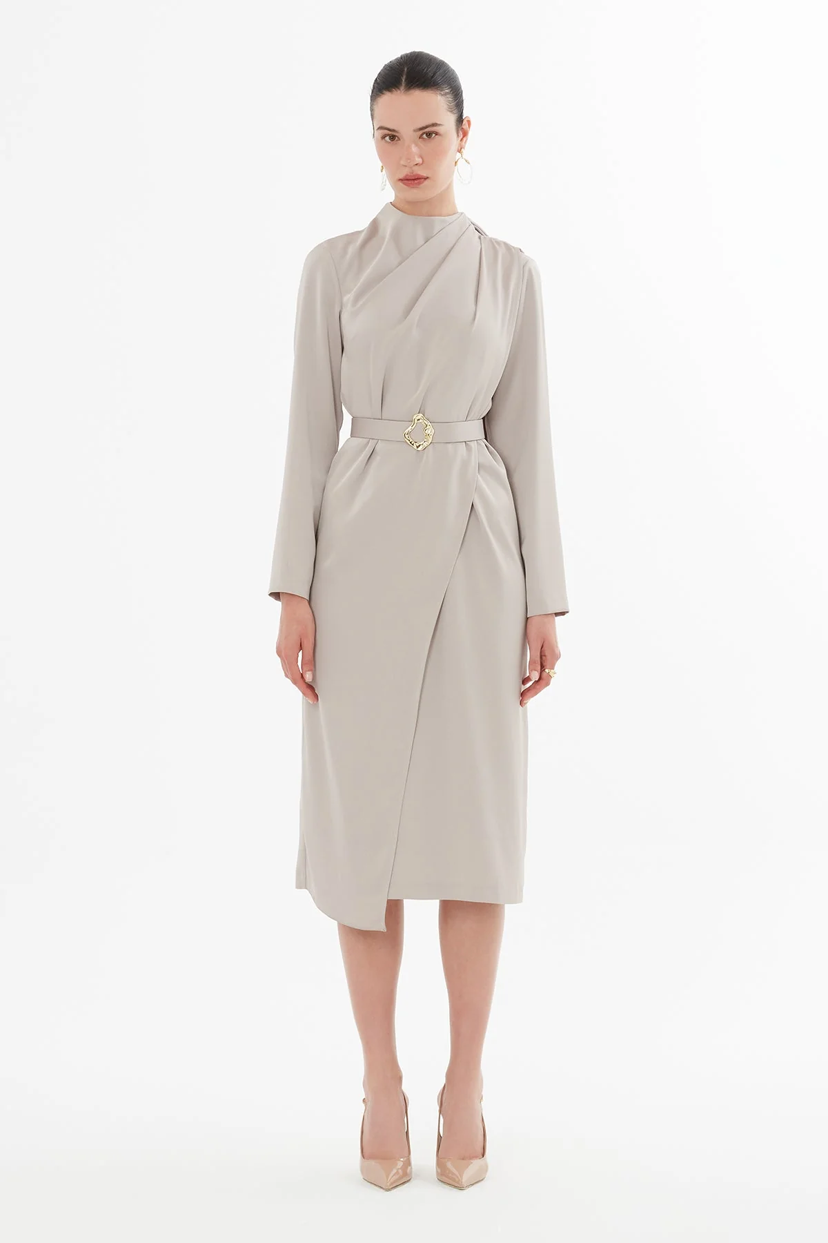 Beige Belted Midi Dress
