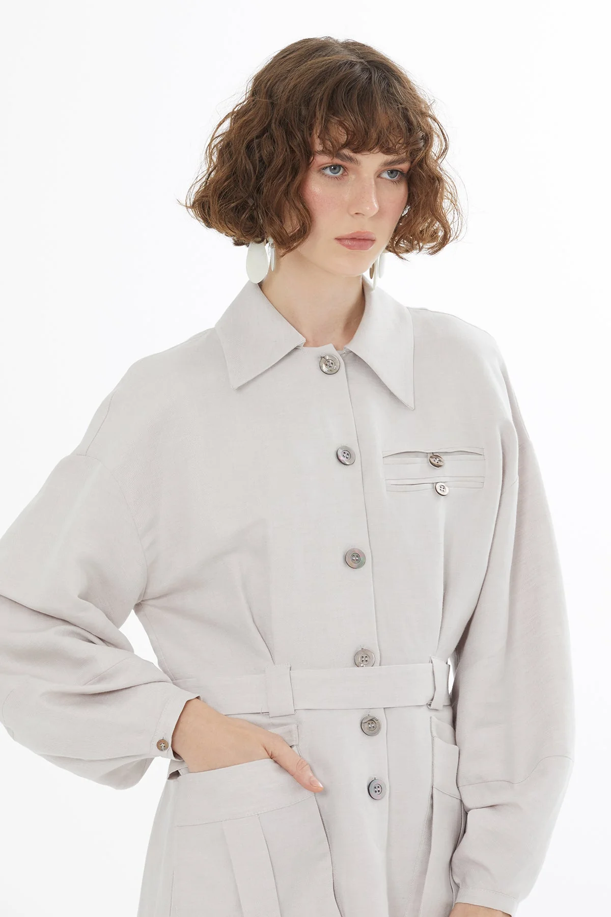 Beige Belted Shirt Mini Dress - Image 2
