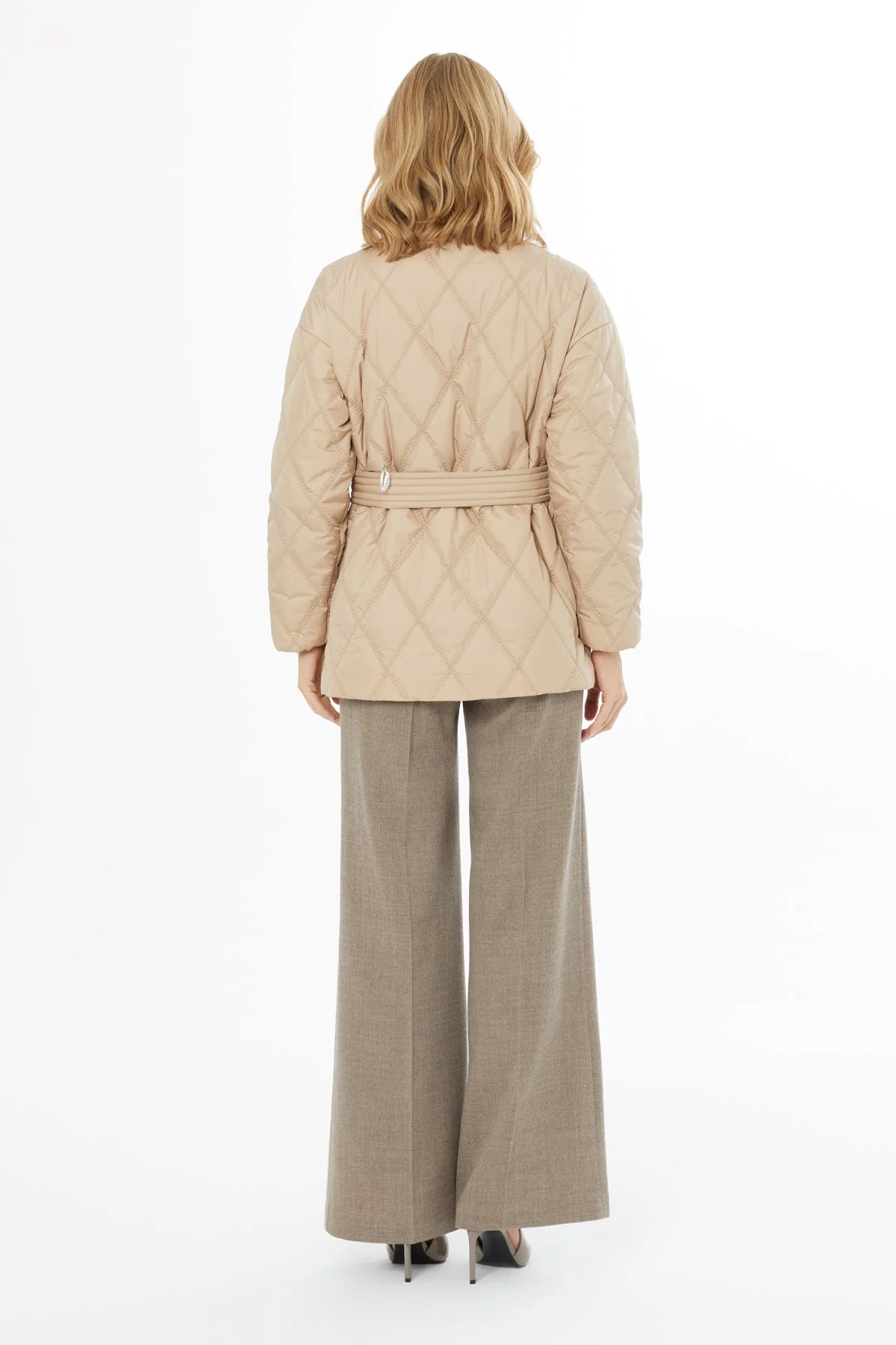 Beige Belted Short Quilted Coat - Image 4