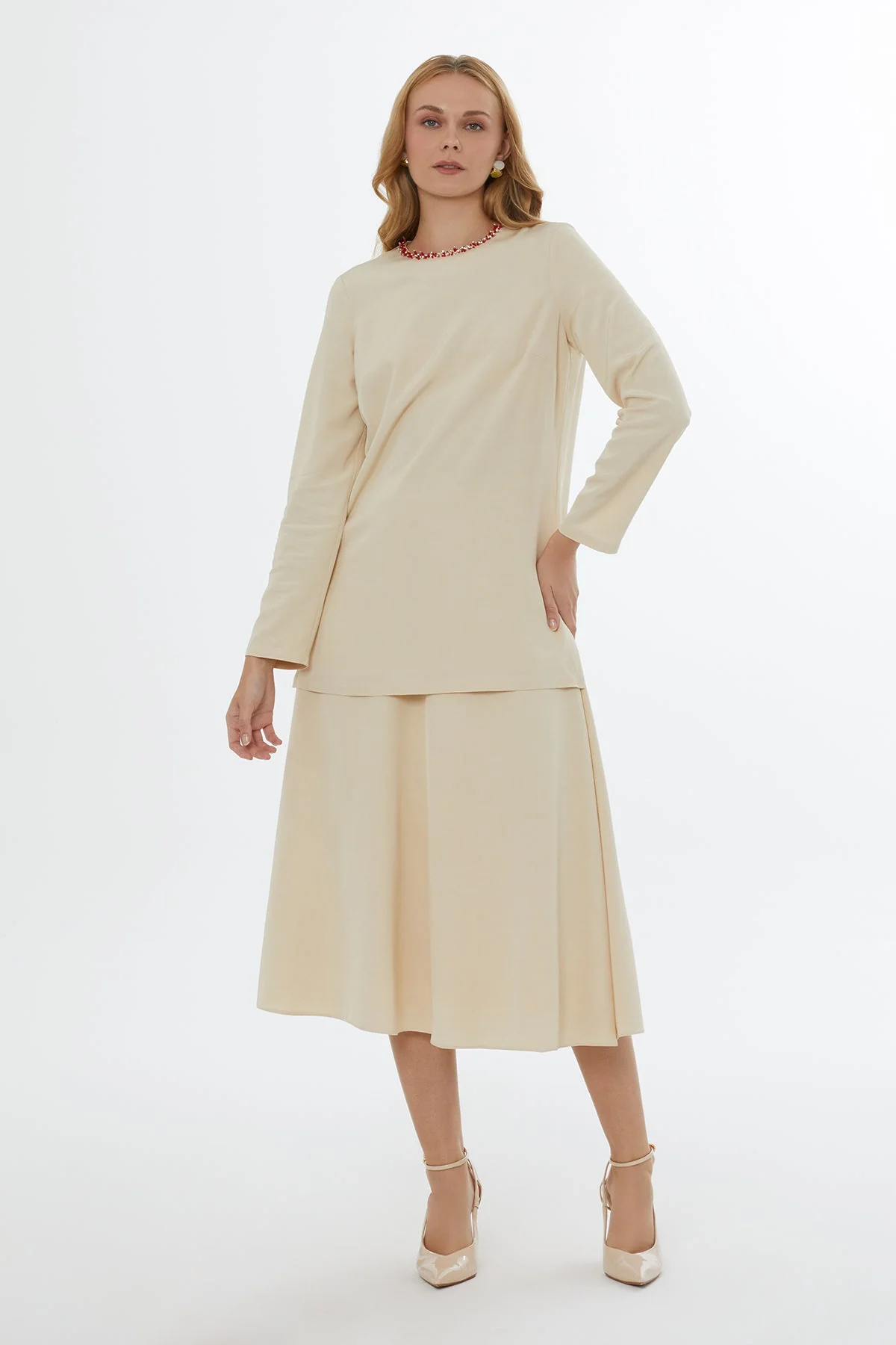 Beige Blouse with Bead-Detail Collar