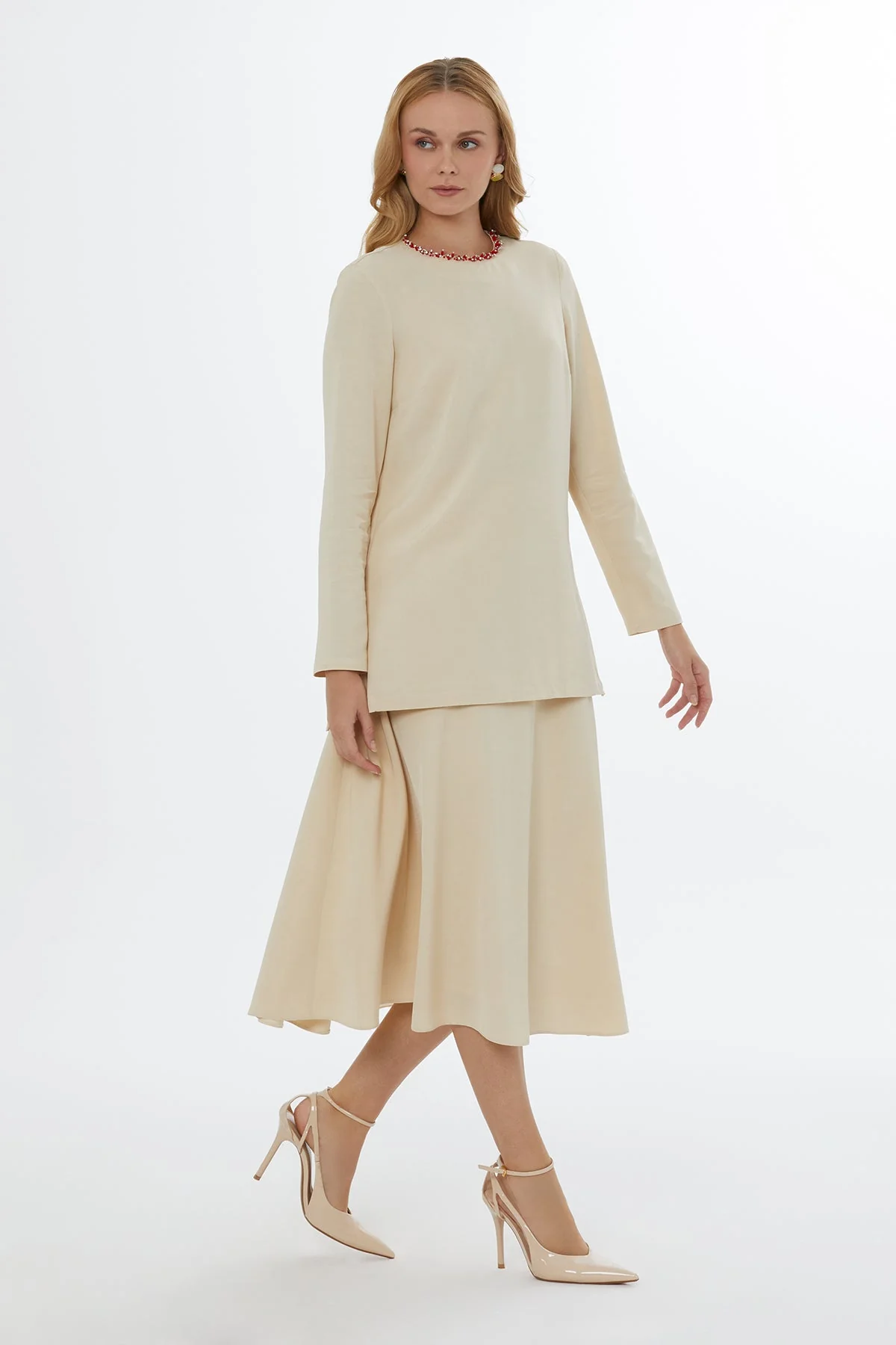 Beige Blouse with Bead-Detail Collar - Image 3