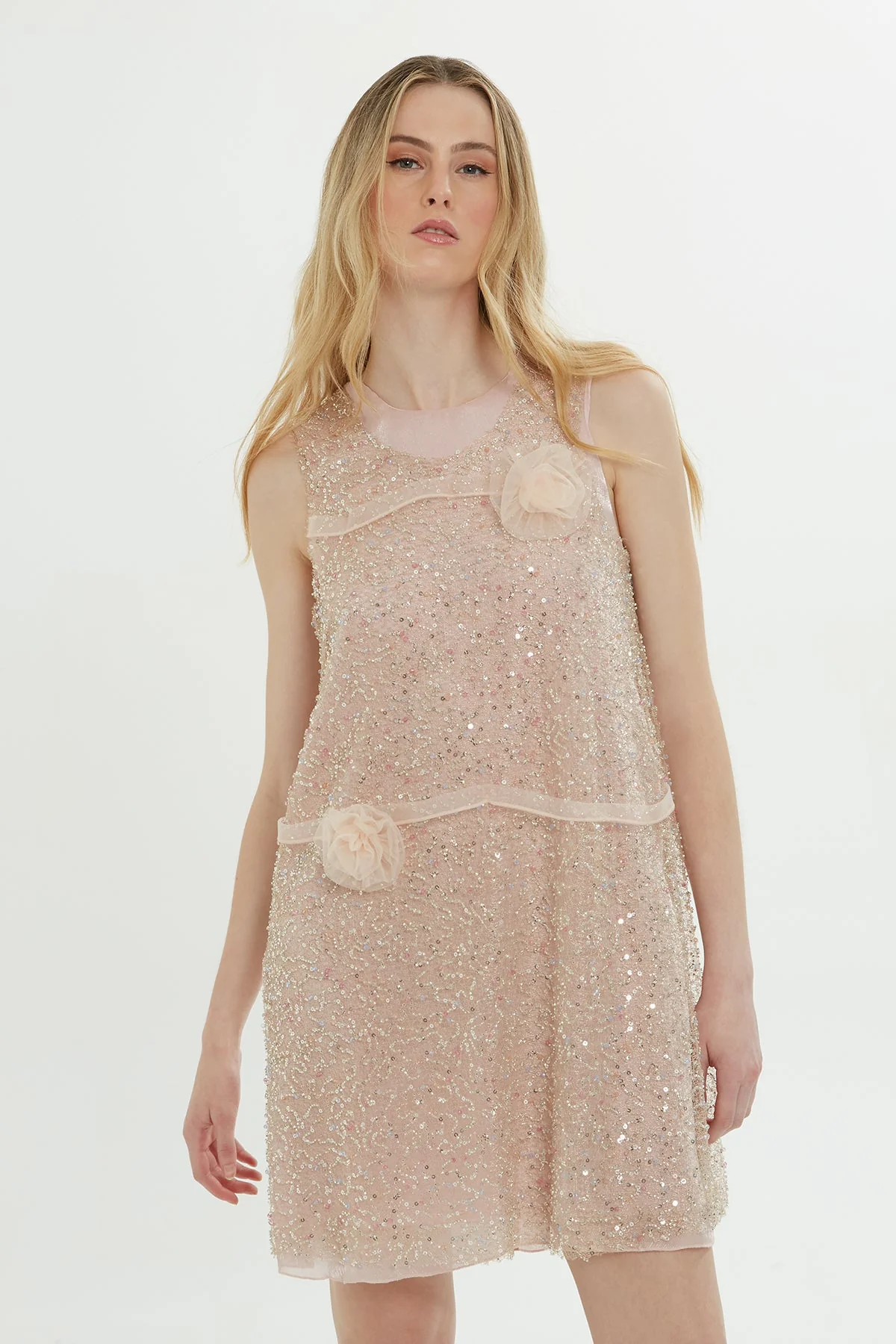 Beige Brooch-Detail Mini Dress - Image 3