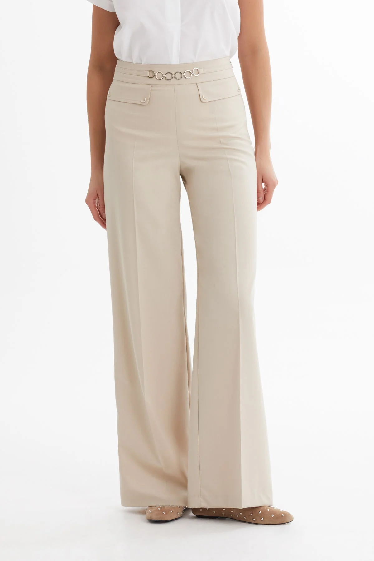Beige Chain Detail Straight-Leg Pants - Image 2