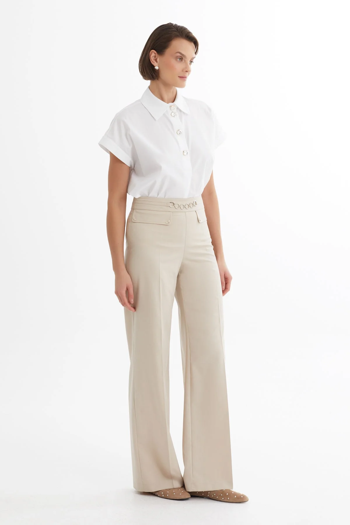 Beige Chain Detail Straight-Leg Pants - Image 3