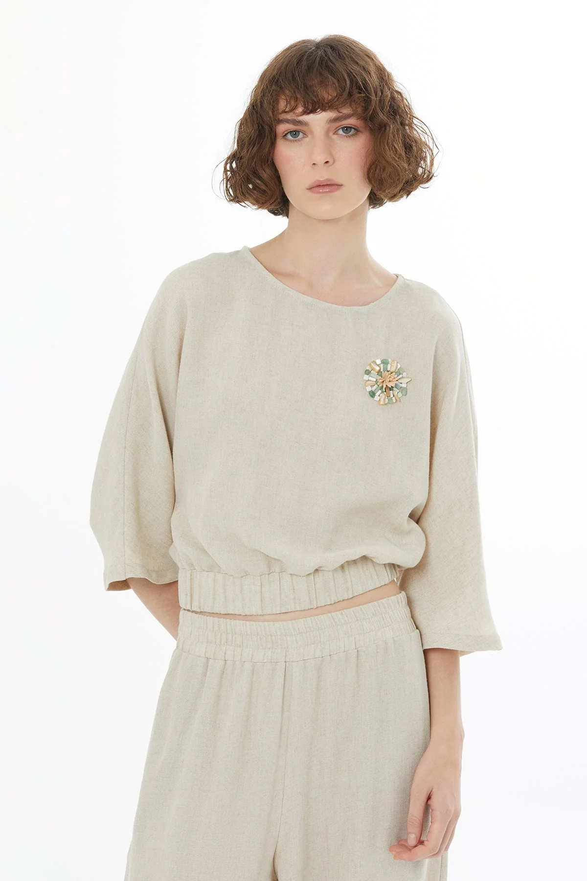 Beige Crystal Brooch Embroidered Blouse - Image 2