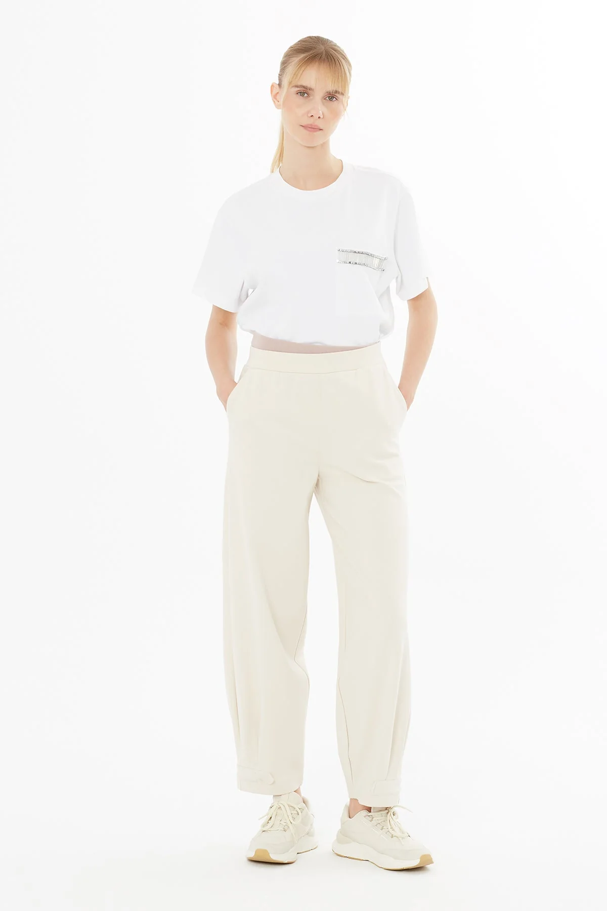 Beige Elastic-Hem Wide-Leg Sweatpants - Image 2