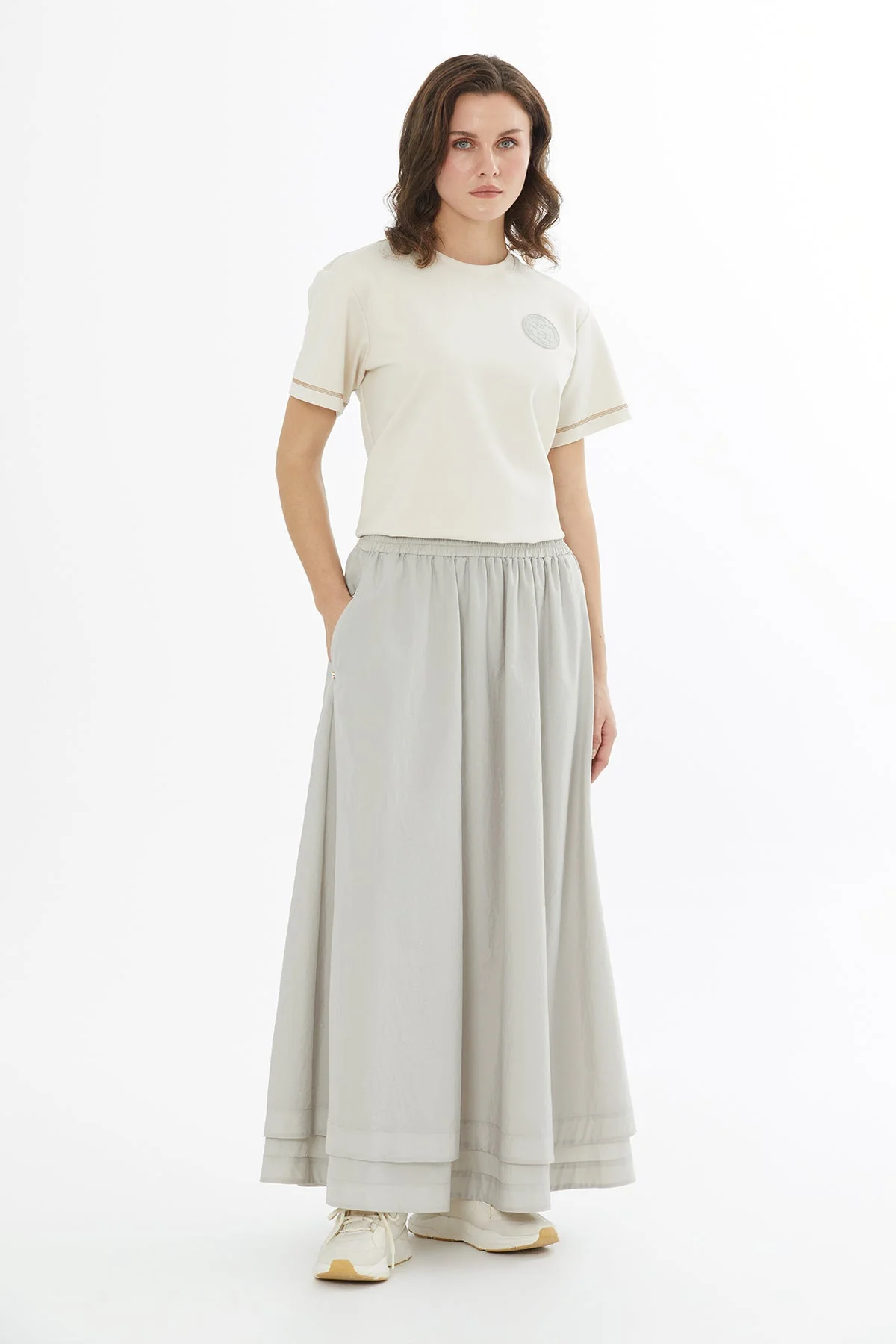 Beige Elastic Waist Maxi Skirt