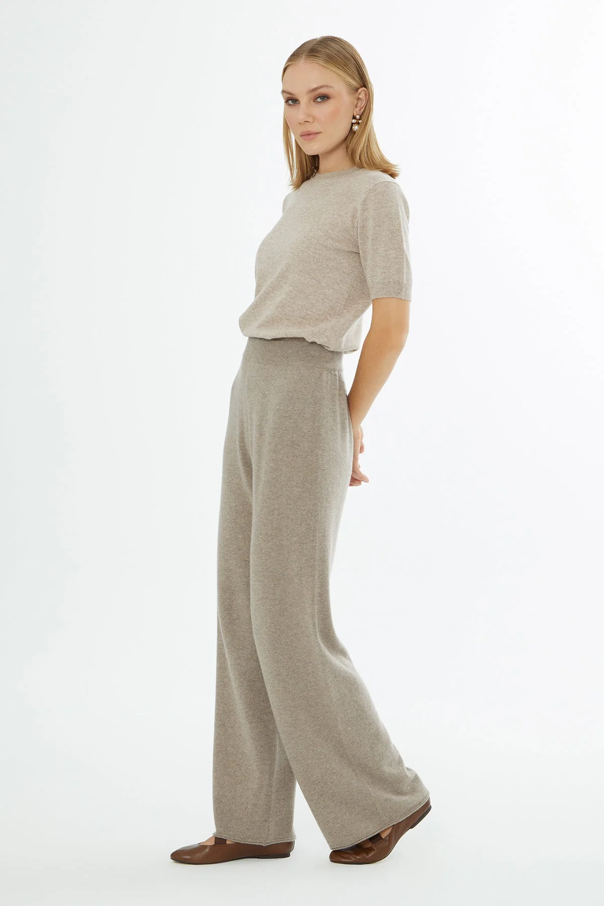 Beige Elasticated-Waist Knitted Trousers - Image 3
