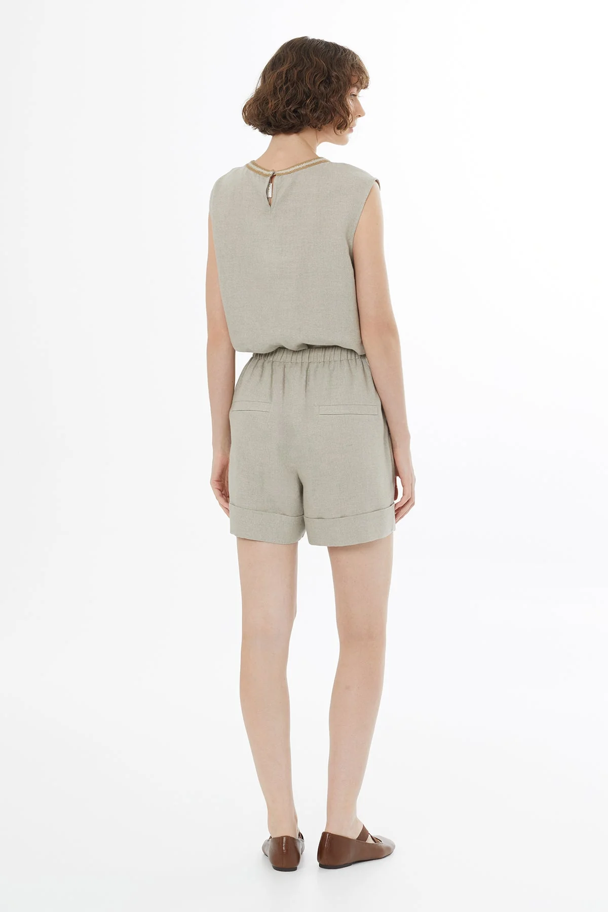 Beige Elasticated Waist Linen Shorts - Image 4