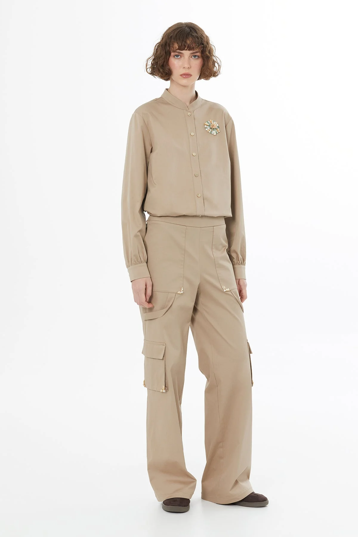 Beige Elasticated Waist Pocketed Pants - Image 3