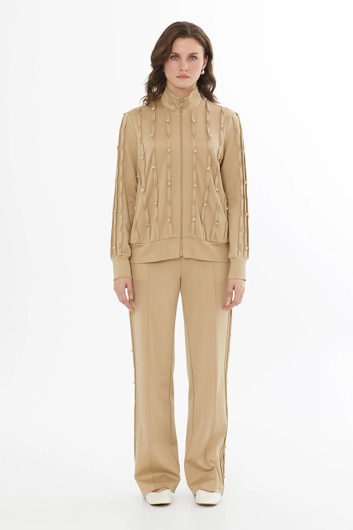 Beige Embroidered Detail Sweatshirt