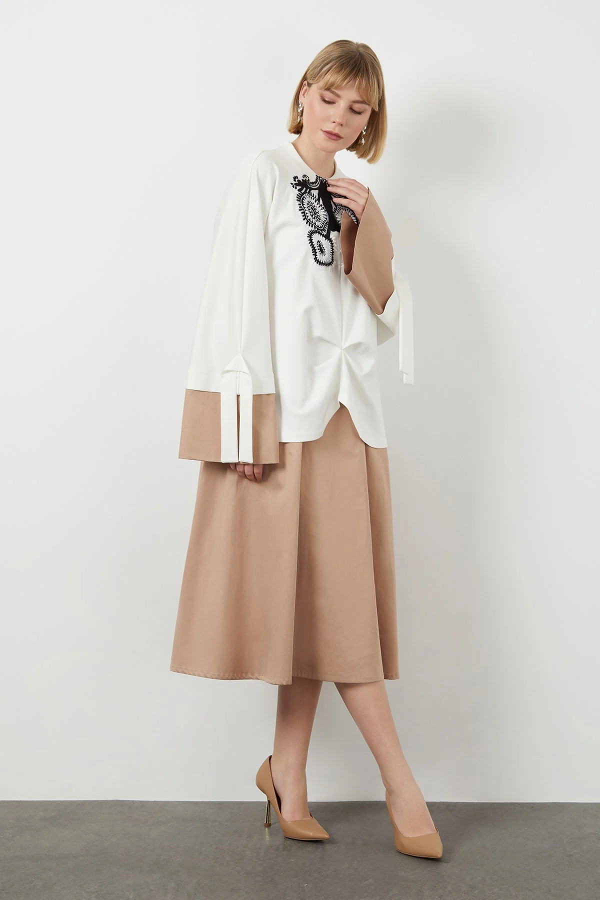 Beige Embroidered Midi Dress