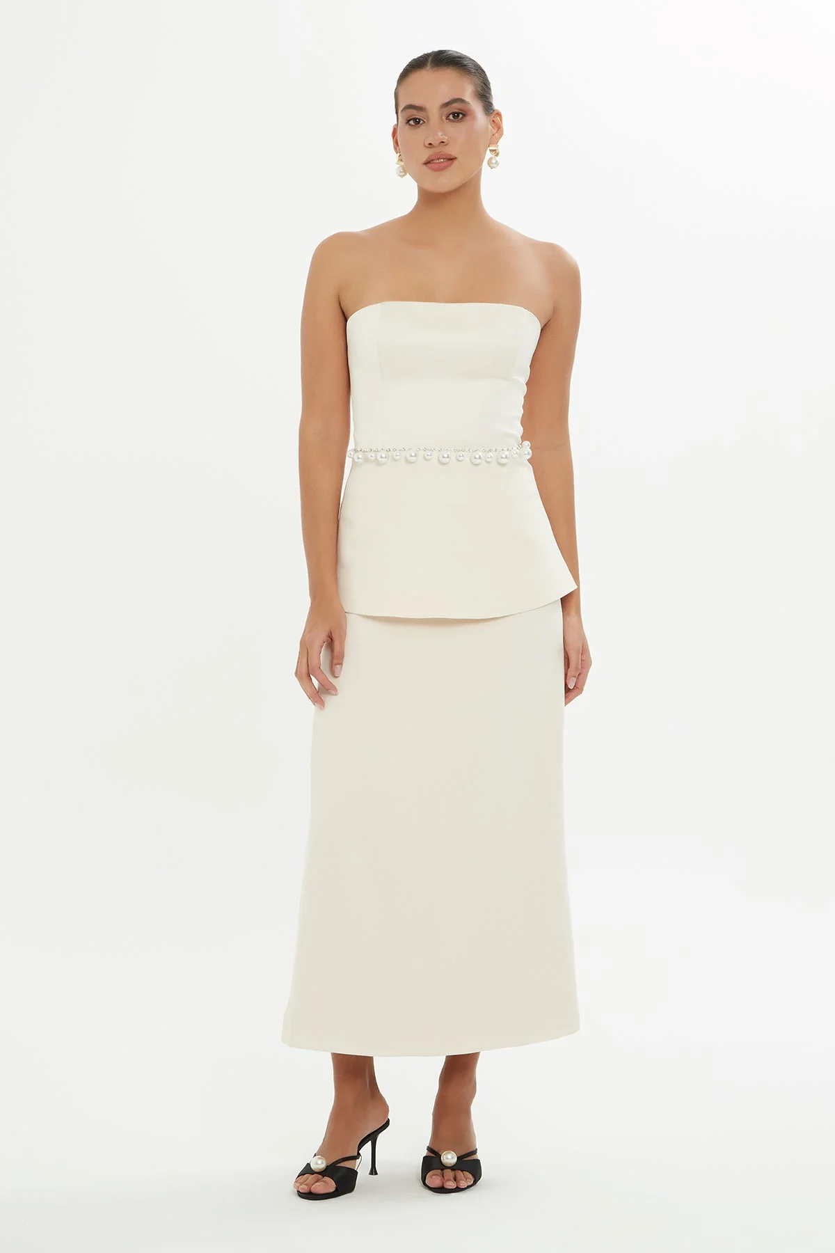 Beige Embroidered Strapless Blouse