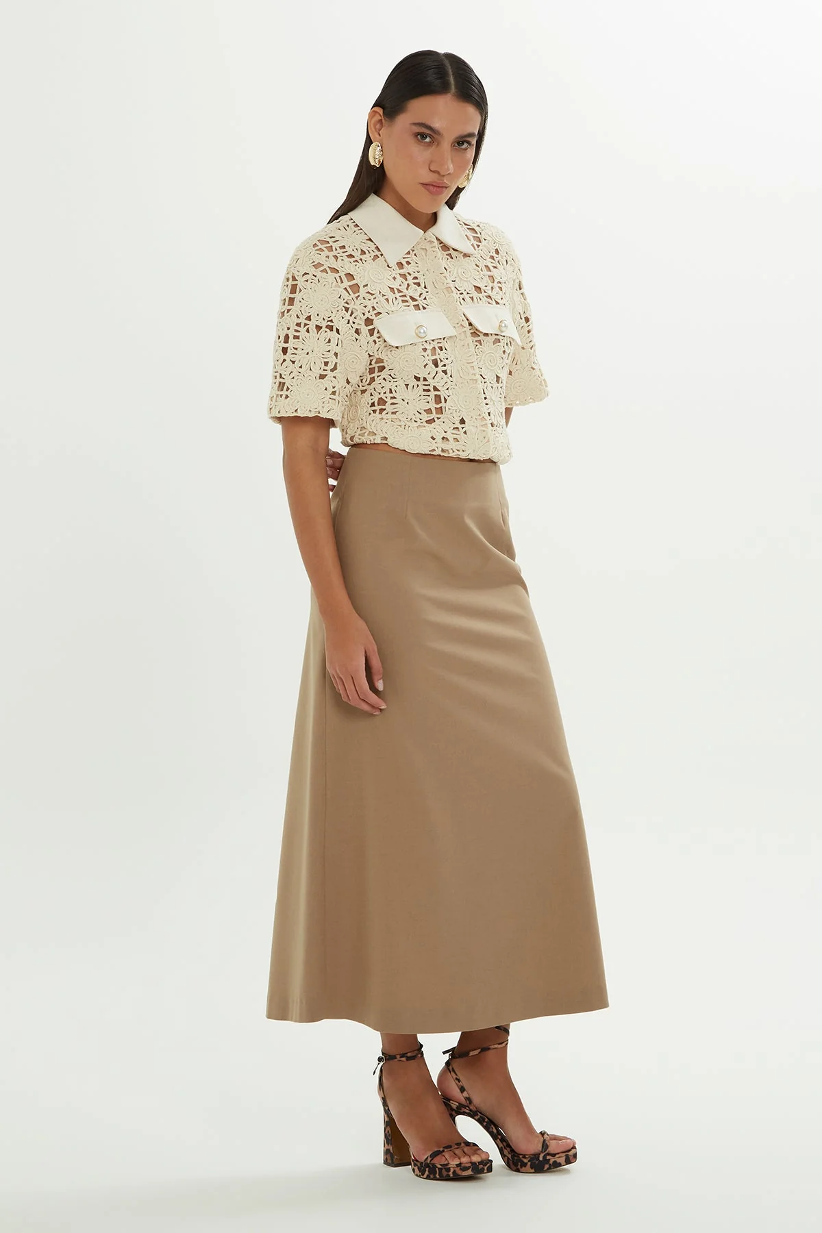 Beige High-Waist Midi Skirt - Image 3
