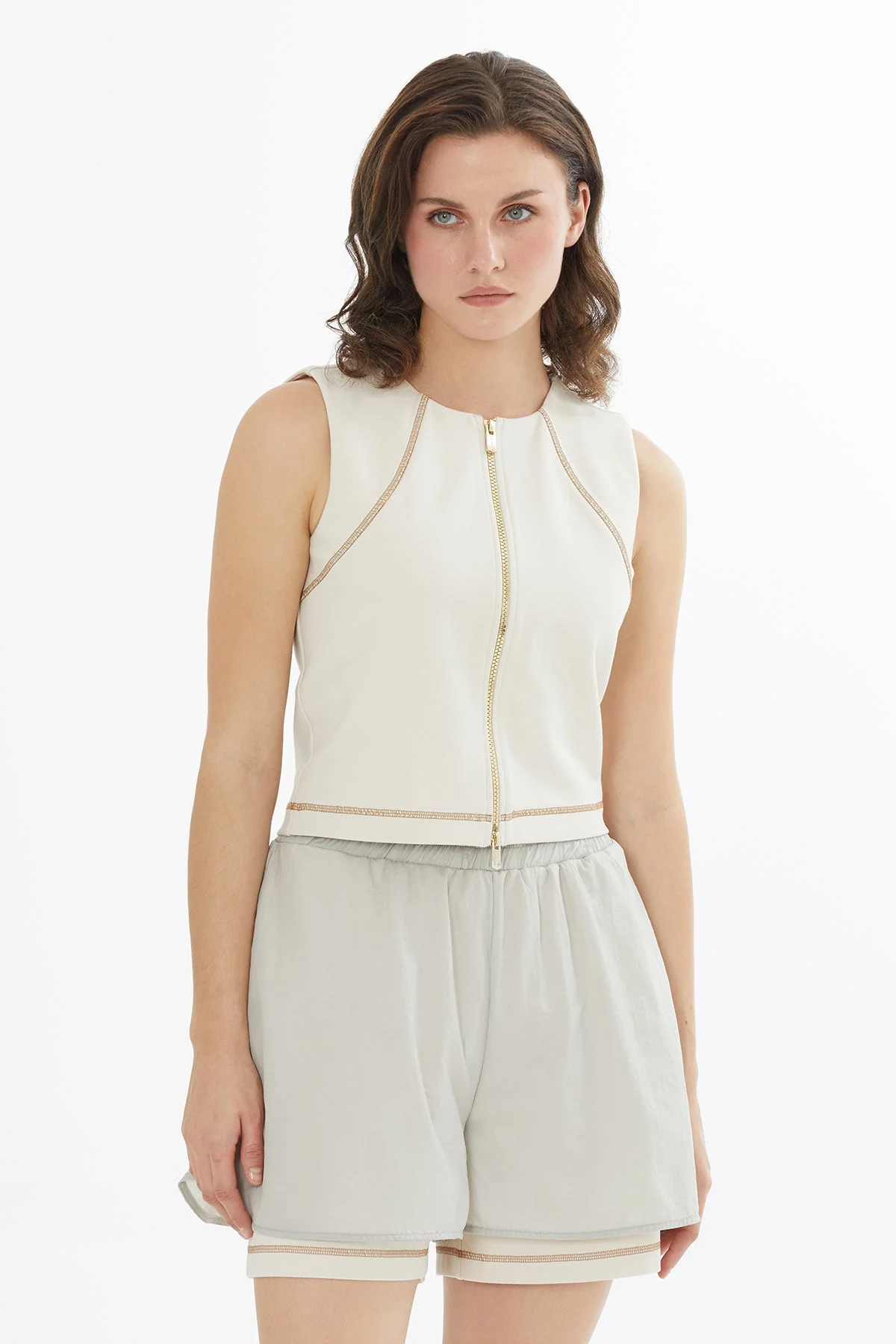 Beıge Logo Label Detailed Topstitched Zip Blouse - Image 3