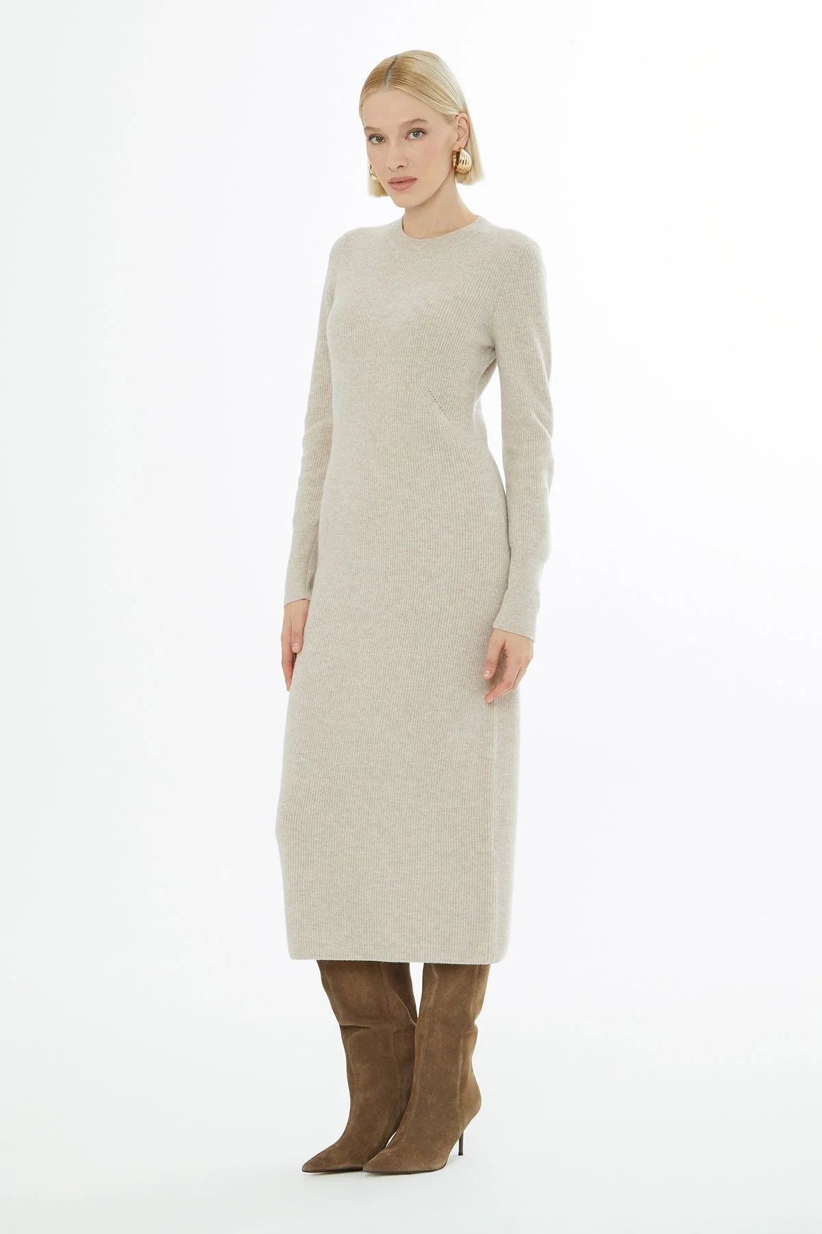 Beige Long-Sleeve Knit Midi Dress - Image 4