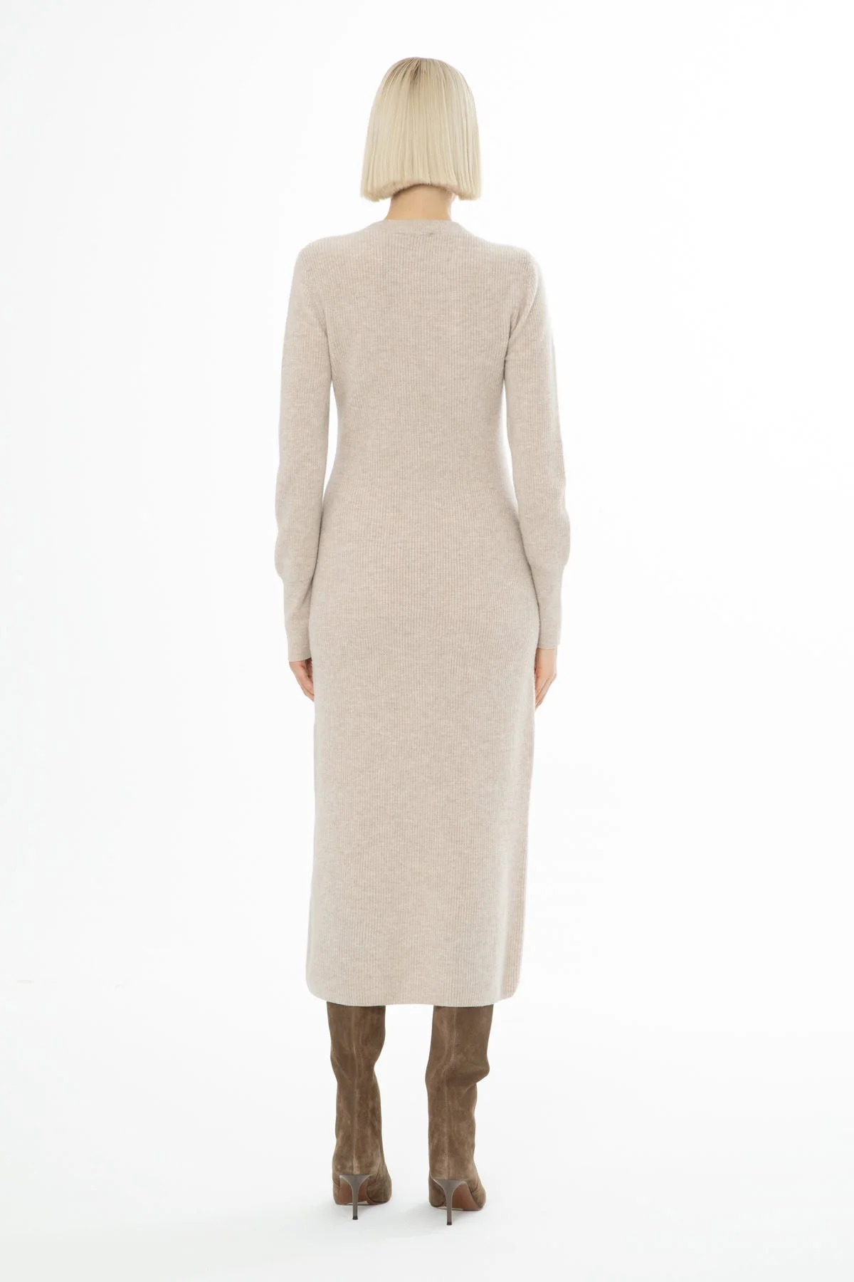 Beige Long-Sleeve Knit Midi Dress - Image 5
