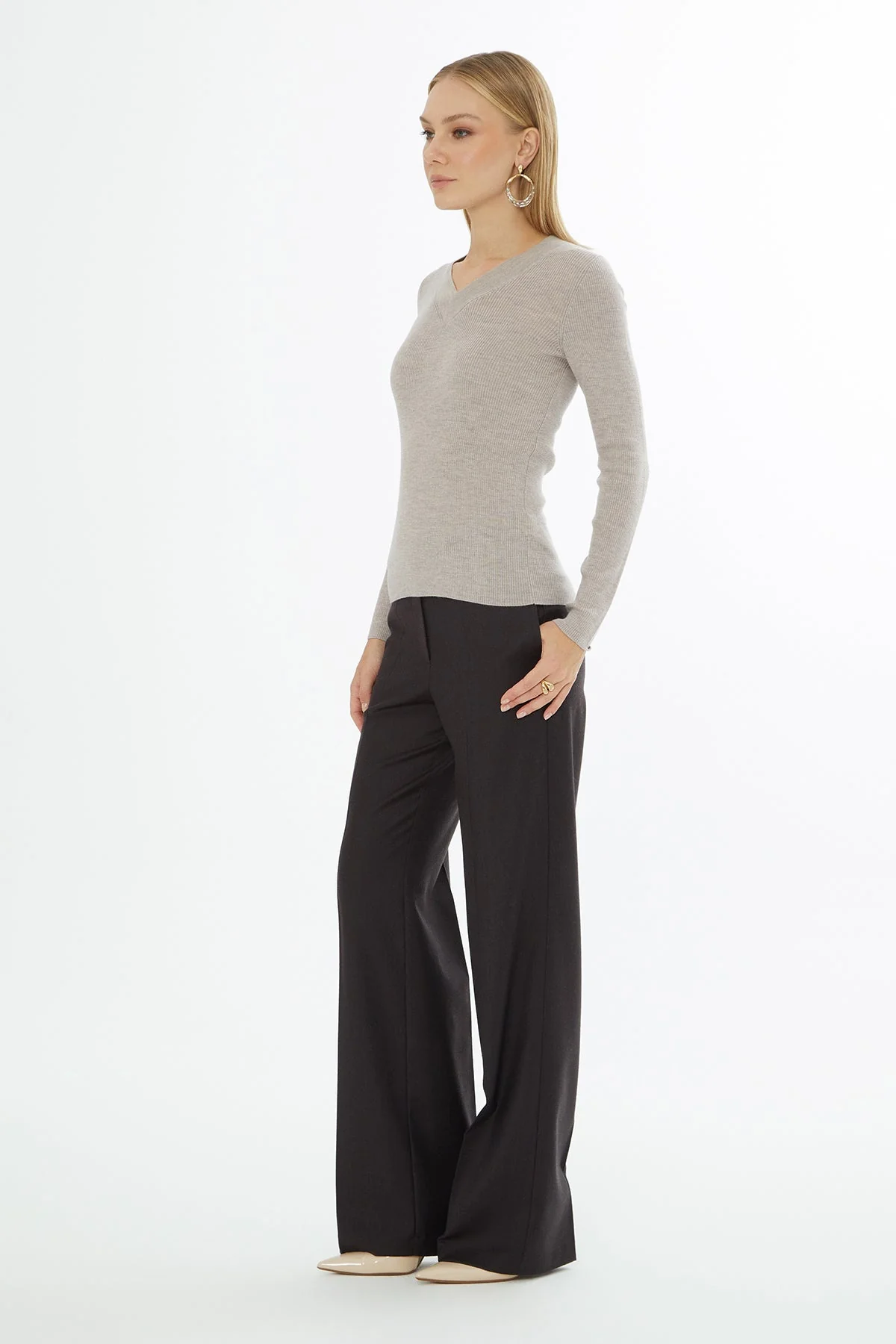 Beige Long-Sleeve V-Neck Blouse - Image 3