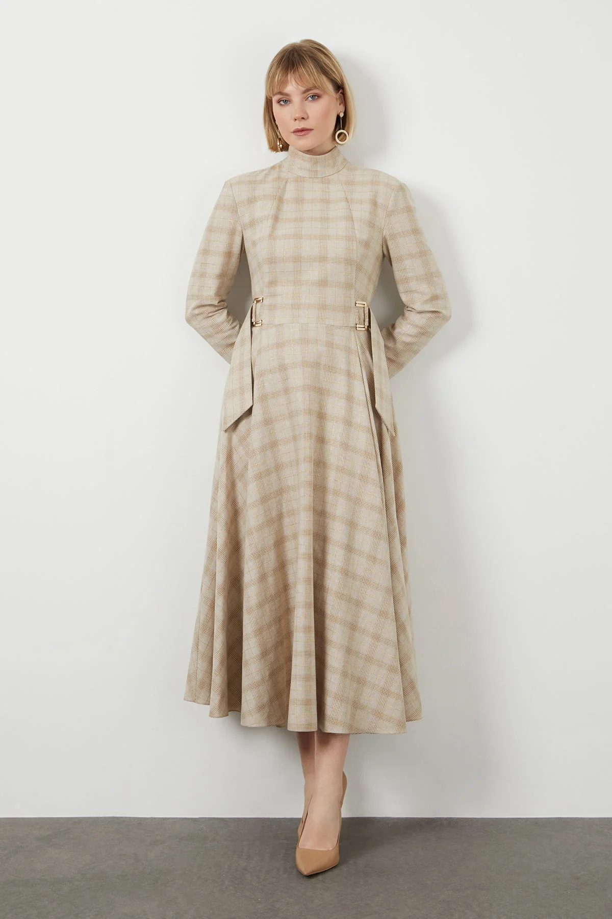 Beige Midi High Collar Dress
