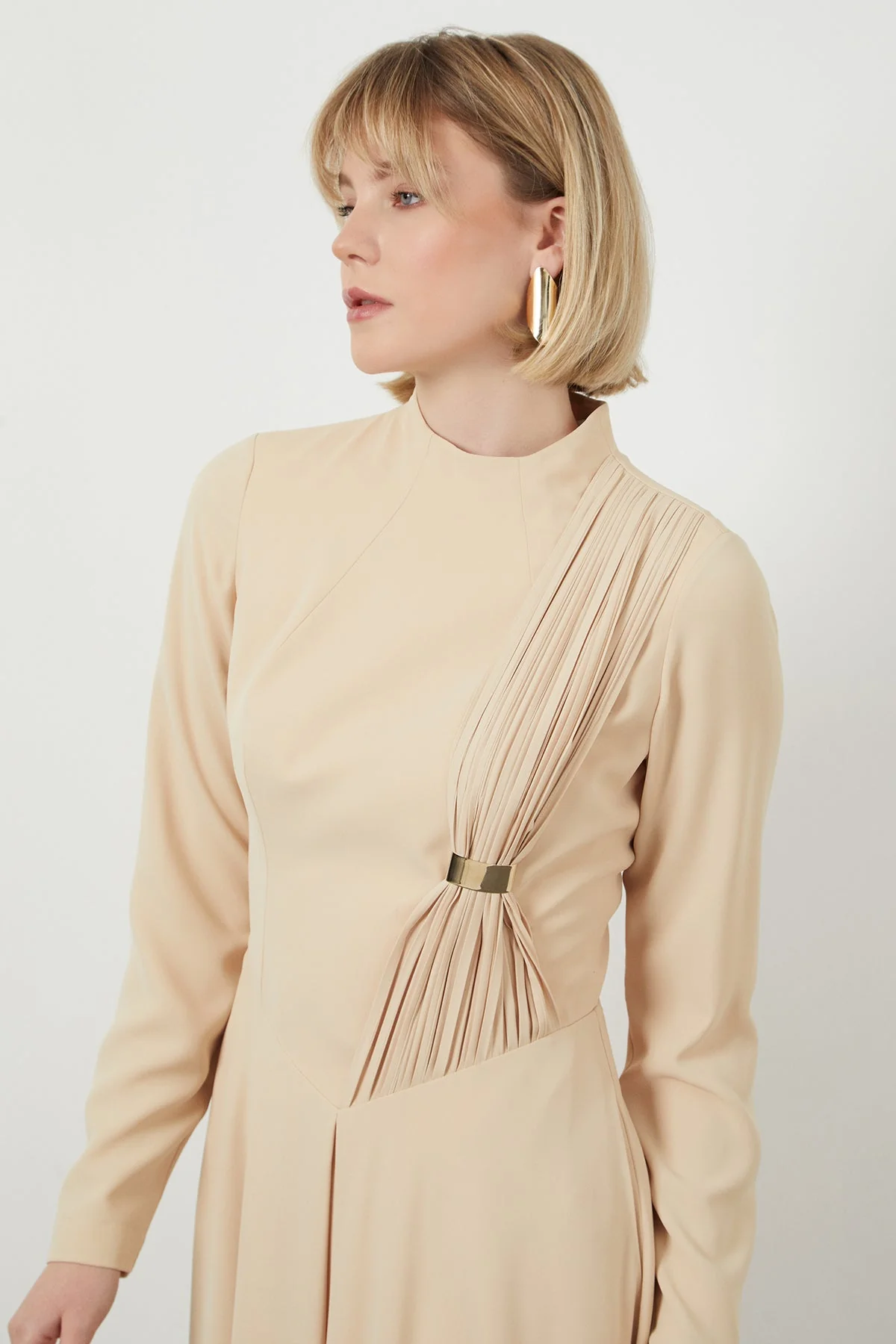 Beige Midi Mock Neck Dress - Image 3
