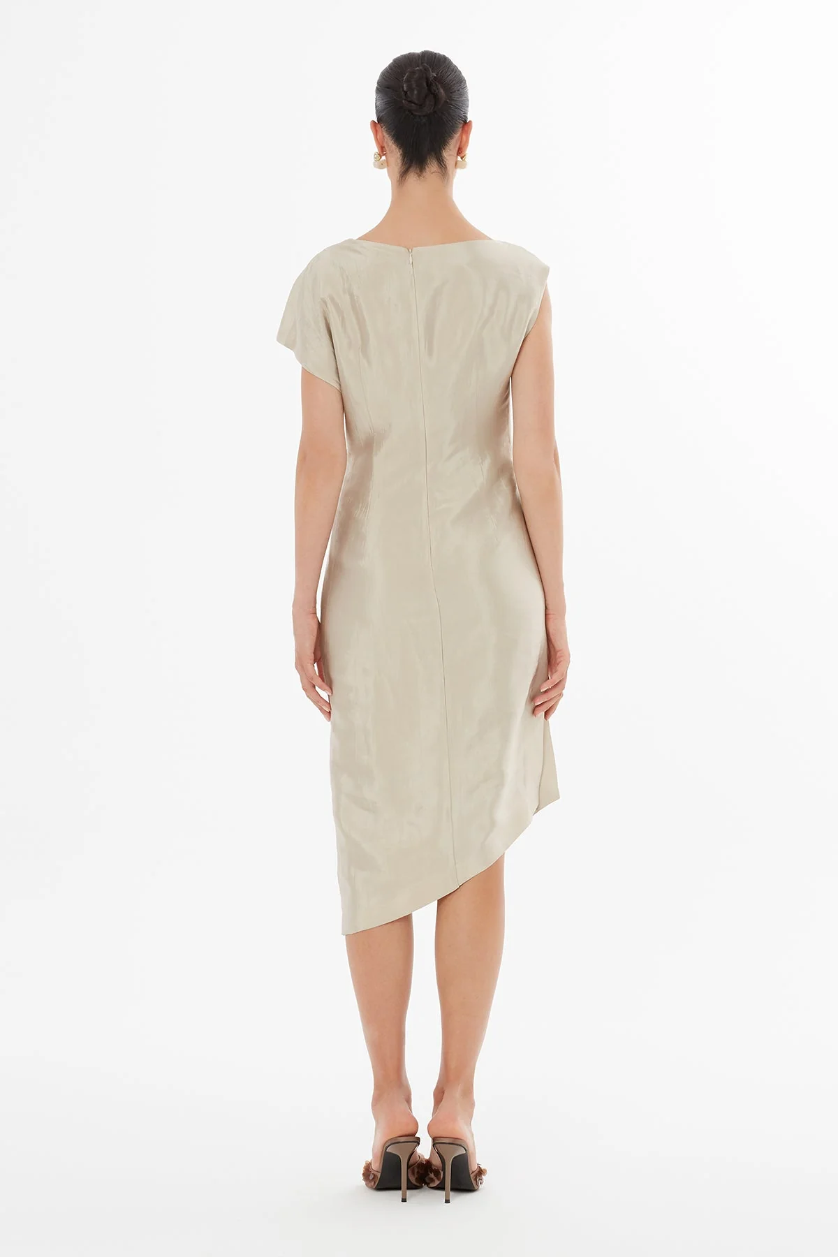Beige Off-Shoulder Asymmetric Midi Dress - Image 4