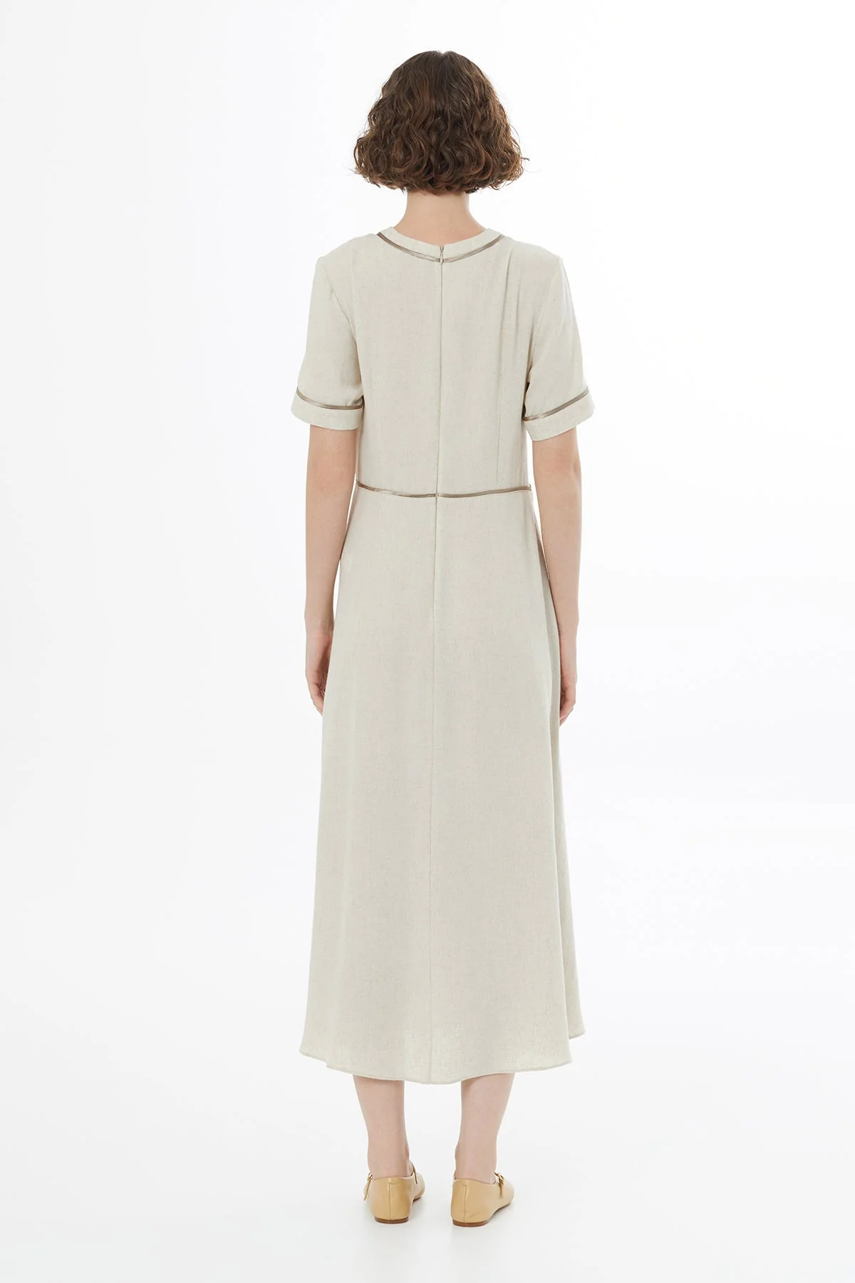 Beige Piped Detail Linen Maxi Dress - Image 5