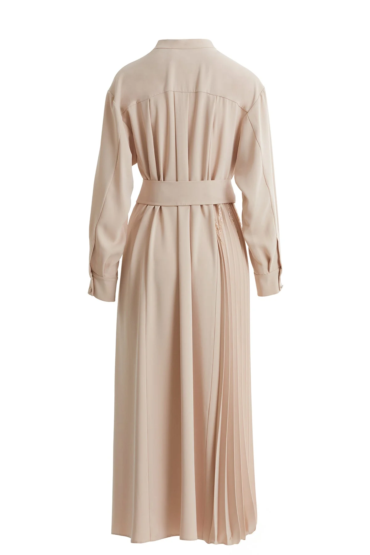 Beige Pleated Belted Long Dress - Image 3