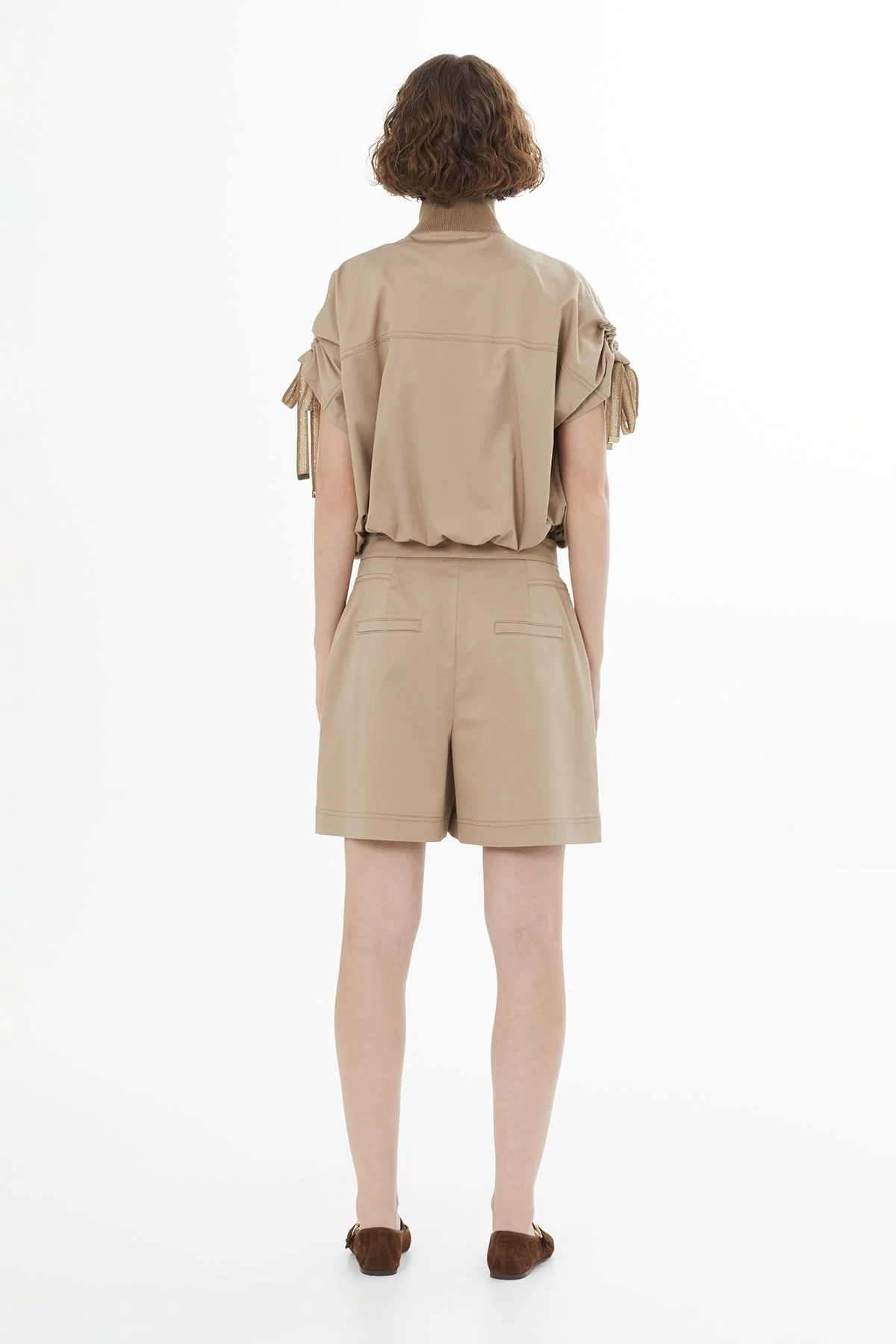 Beıge Pleated Zip Pocket Shorts - Image 4