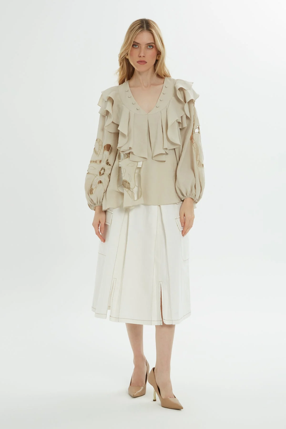 Beige Ruffle Embroidered Blouse