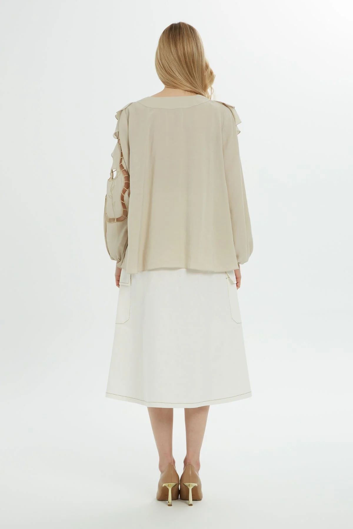 Beige Ruffle Embroidered Blouse - Image 5