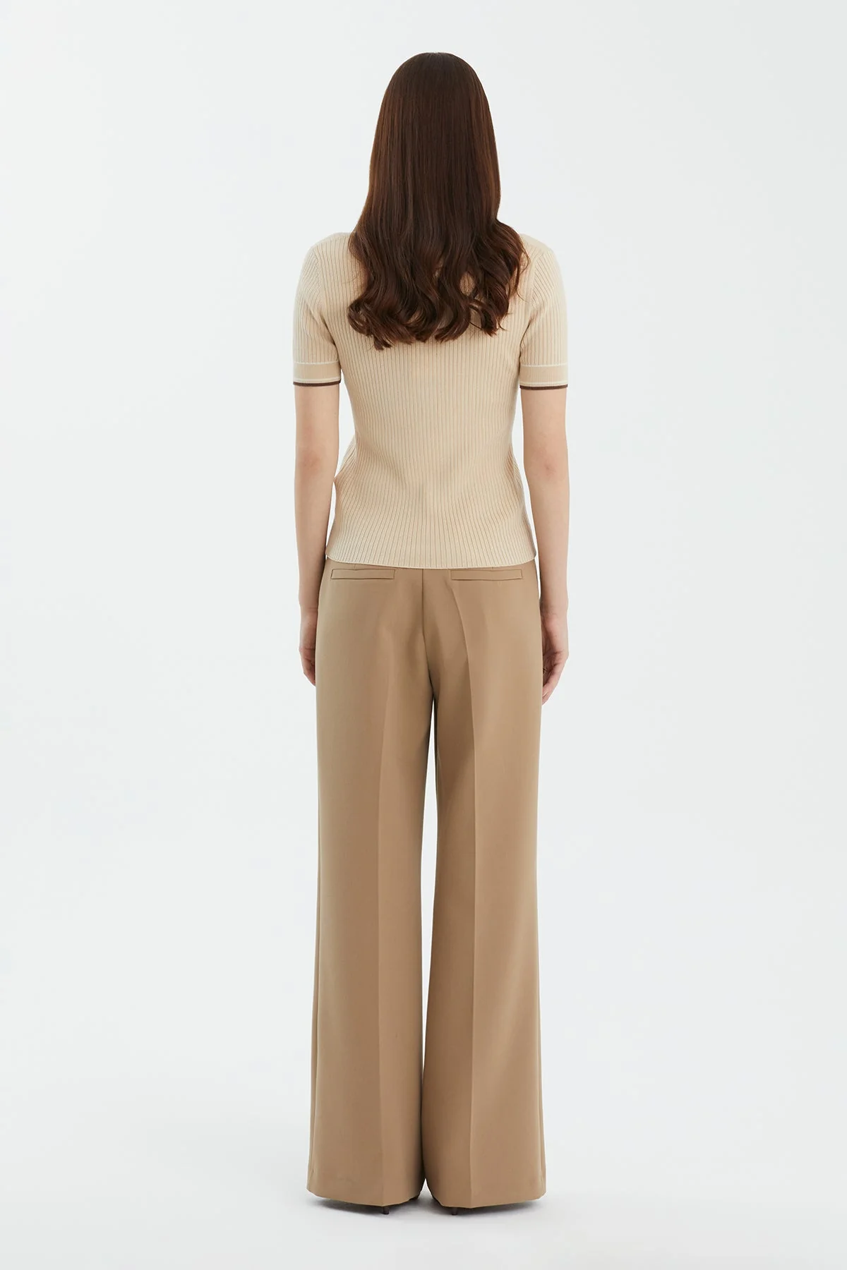 Beige Shirt Collar Short Sleeve Knit Top - Image 4