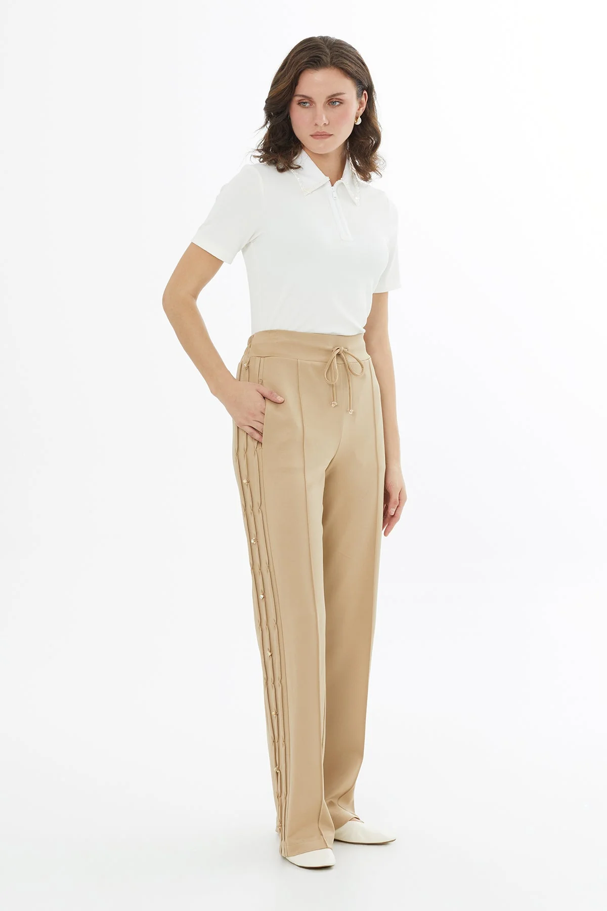 Beige Side Embroidered Tie-Waist Sweatpants - Image 2