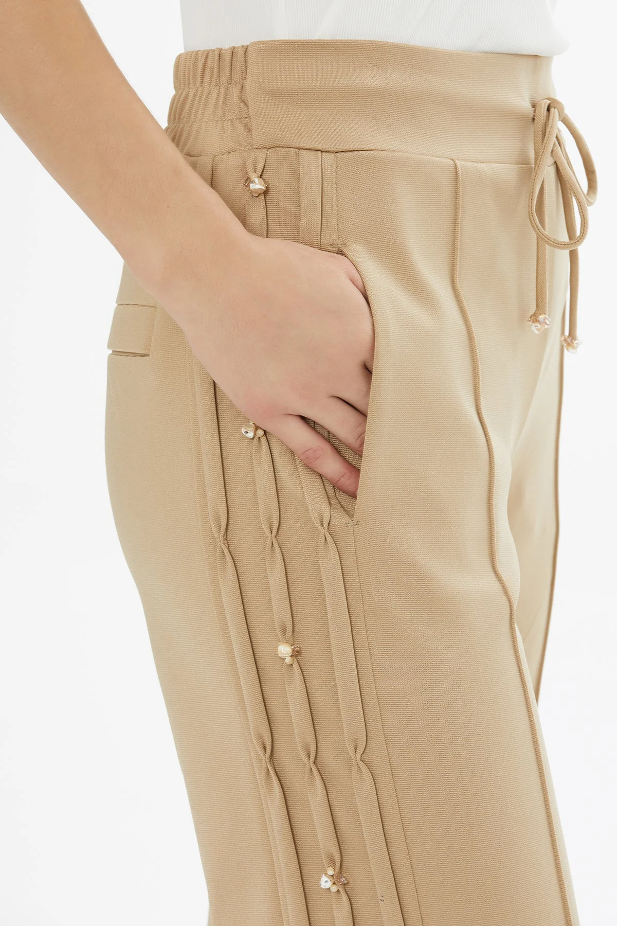 Beige Side Embroidered Tie-Waist Sweatpants - Image 3