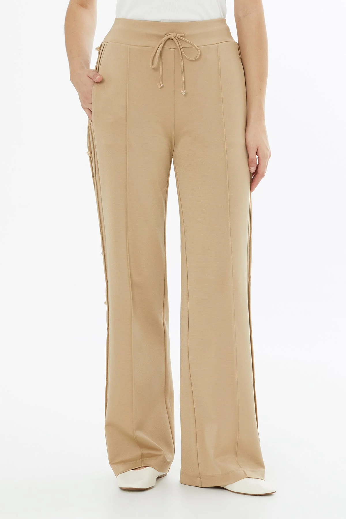 Beige Side Embroidered Tie-Waist Sweatpants - Image 4