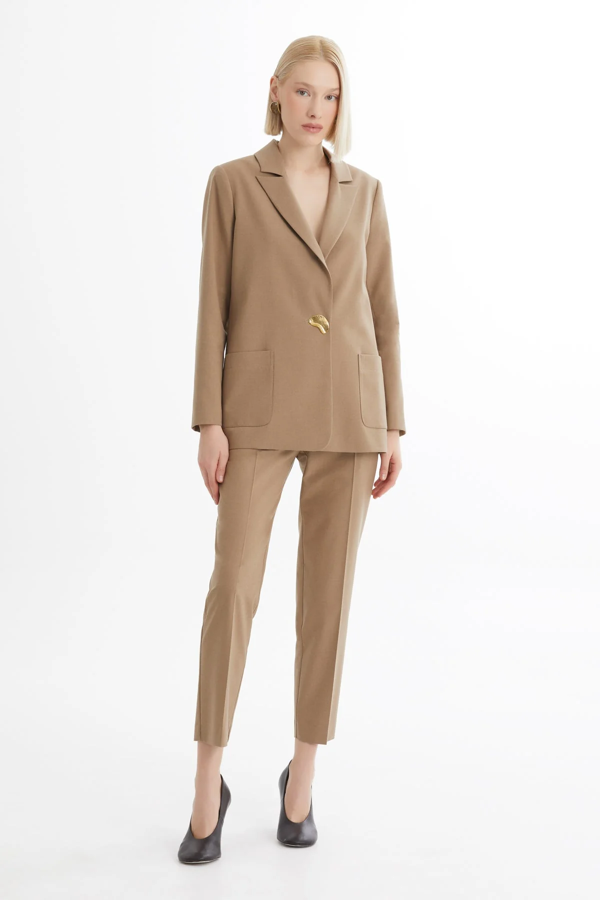 Beige Single-Button Blazer Trouser Set