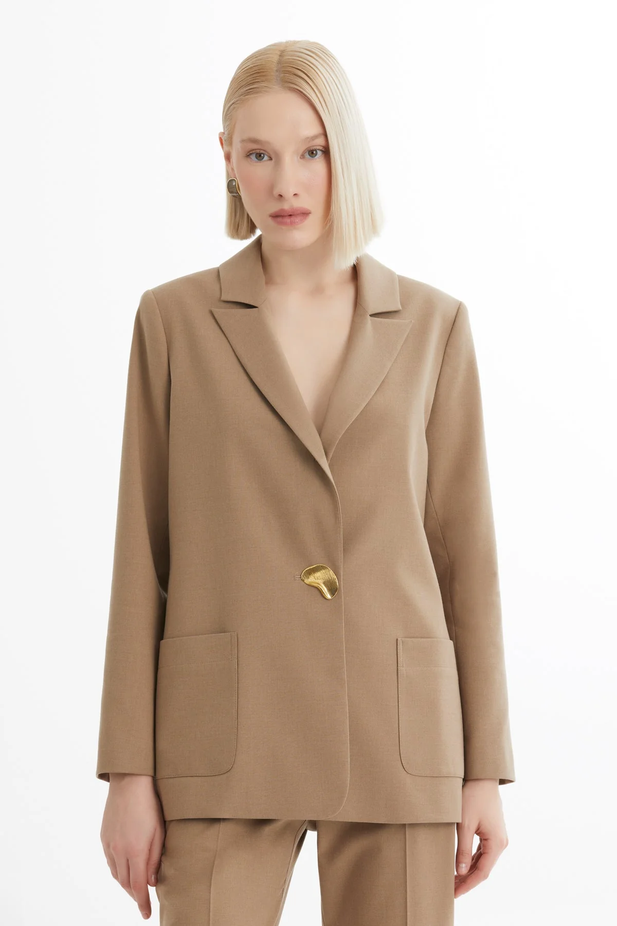 Beige Single-Button Blazer Trouser Set - Image 2