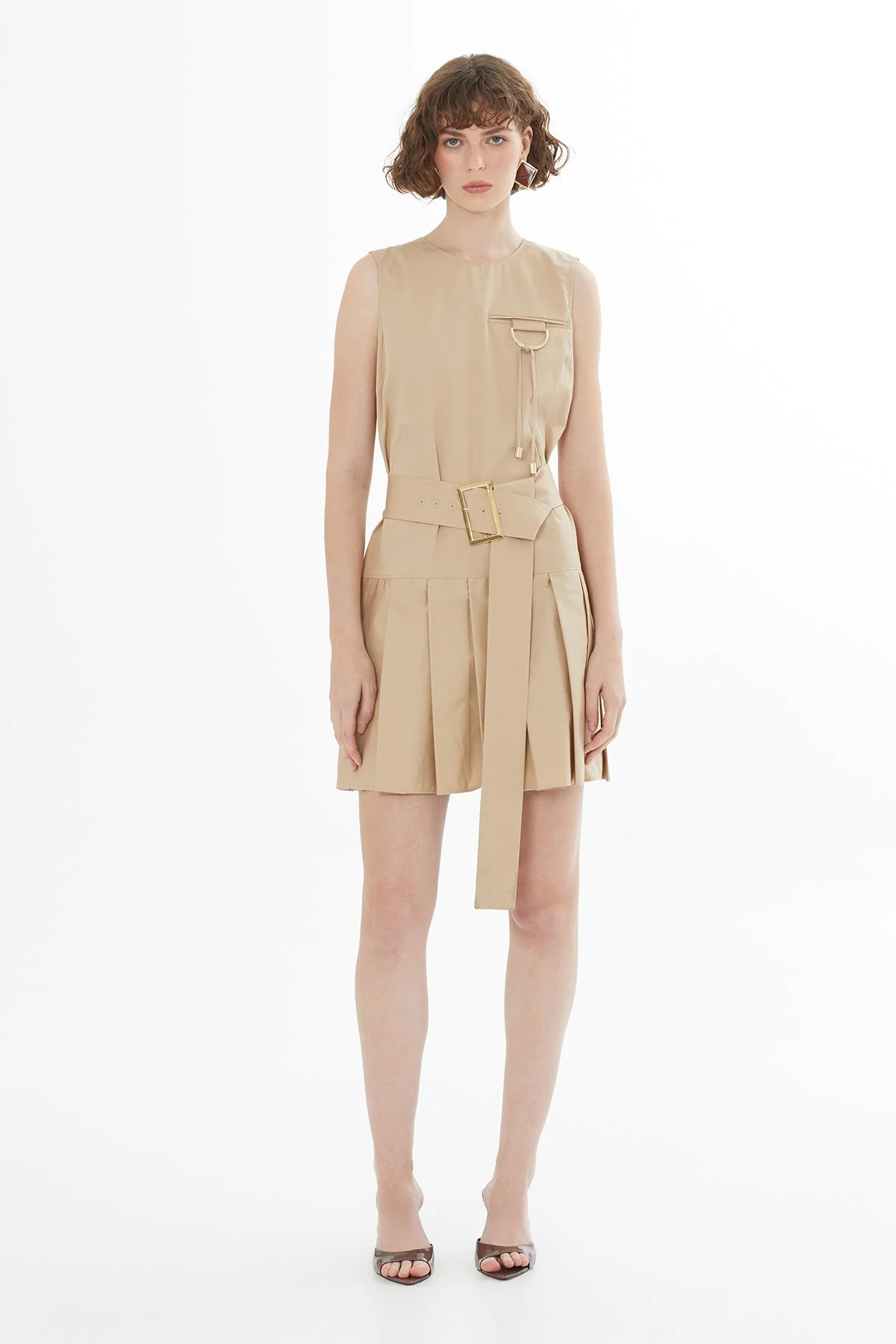 Beige Sleeveless Pleated Dress