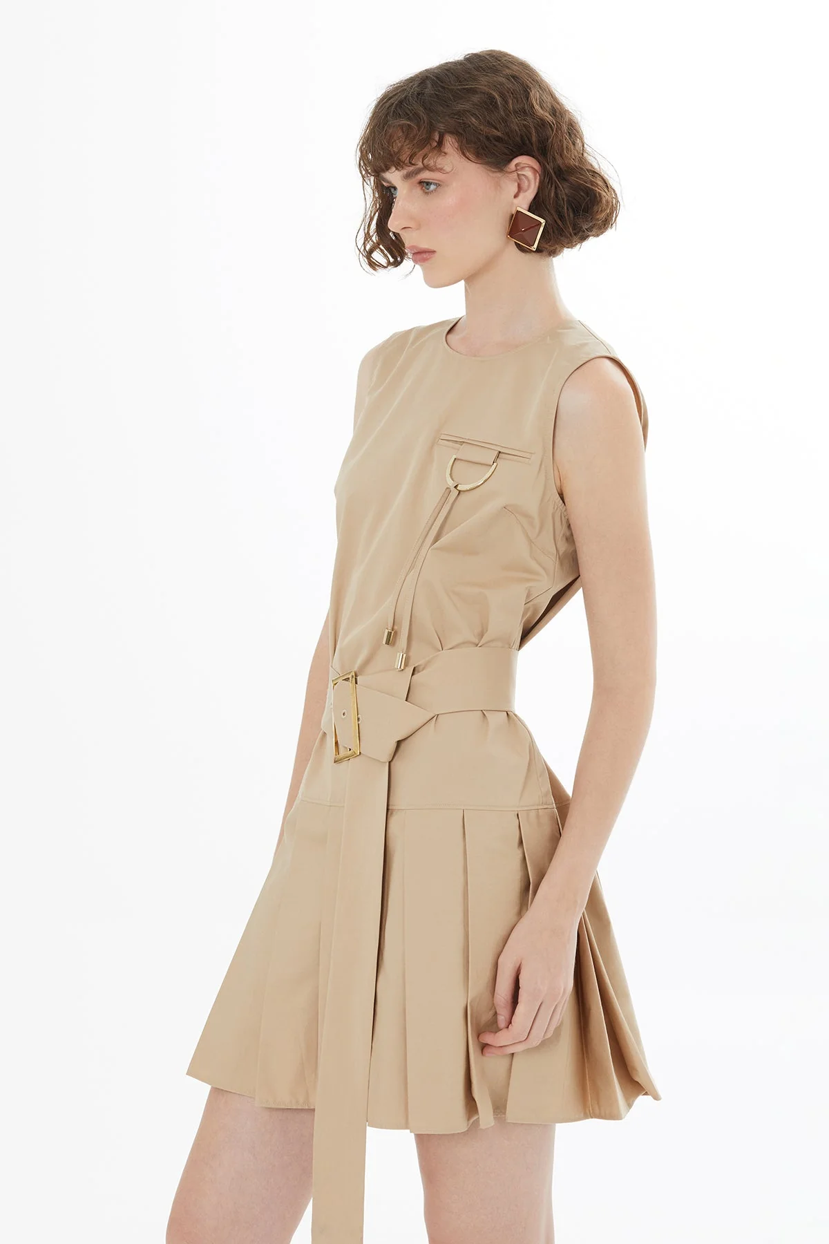 Beige Sleeveless Pleated Dress - Image 2