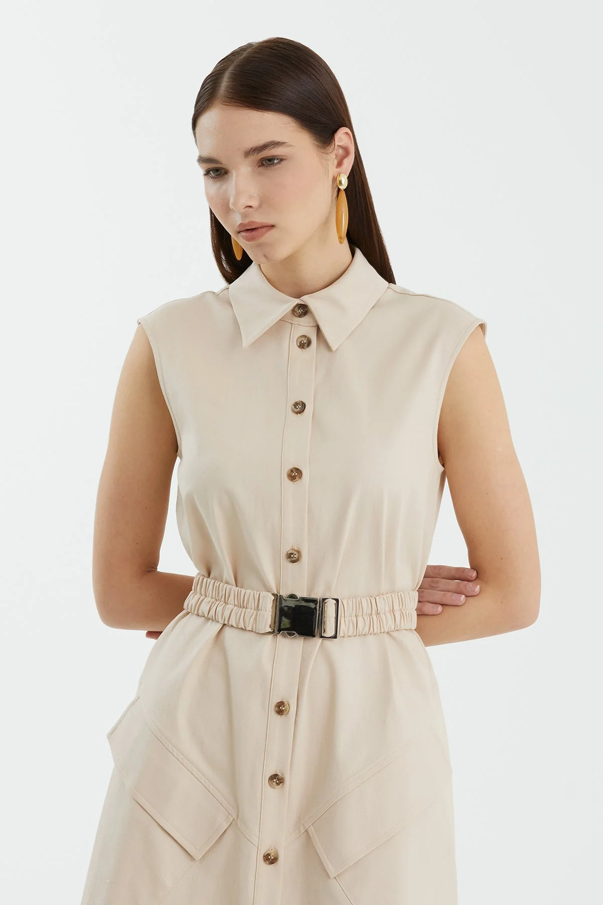 Beige Sleeveless Shirt Dress - Image 2