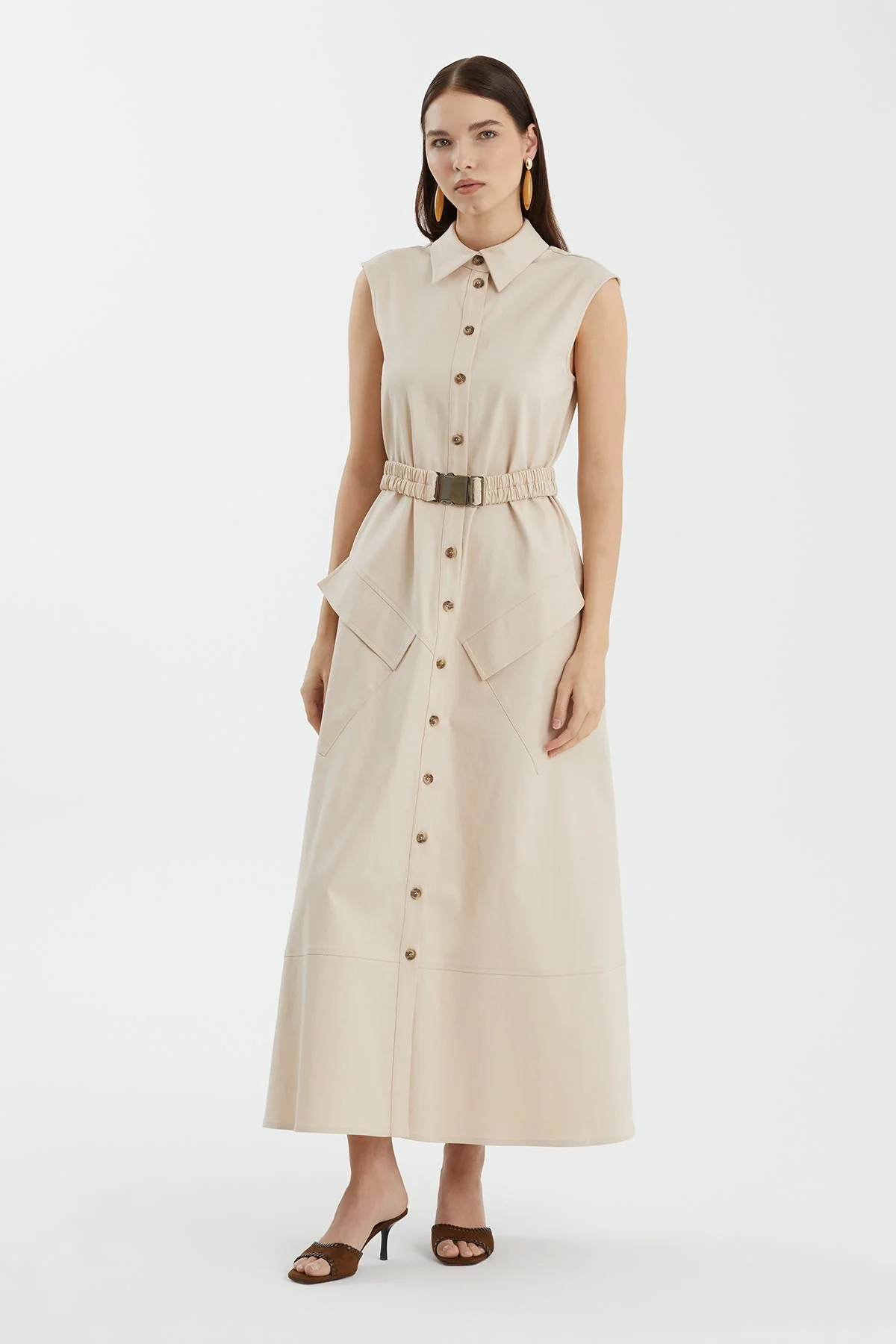Beige Sleeveless Shirt Dress - Image 4