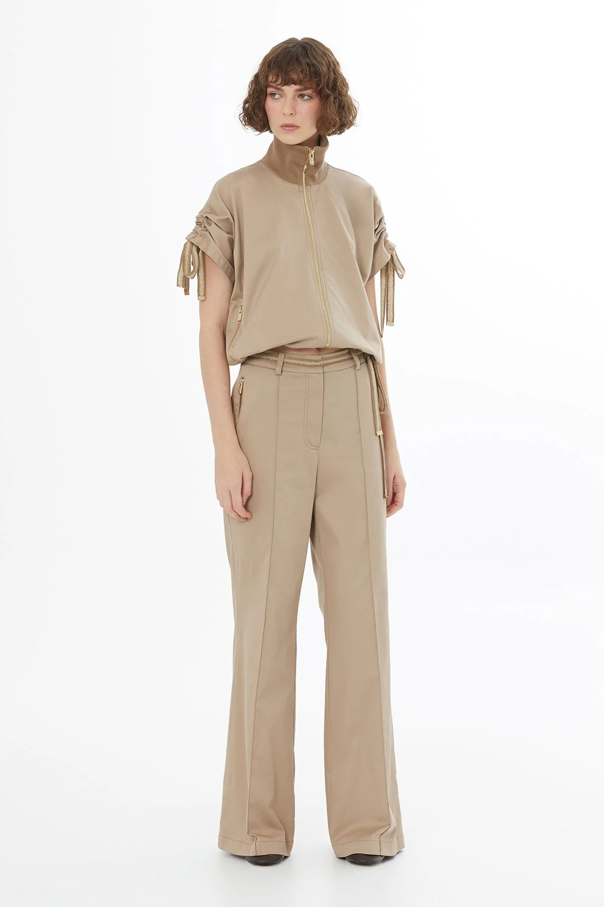 Beige Striped Knit Tie-Waist Pants - Image 3