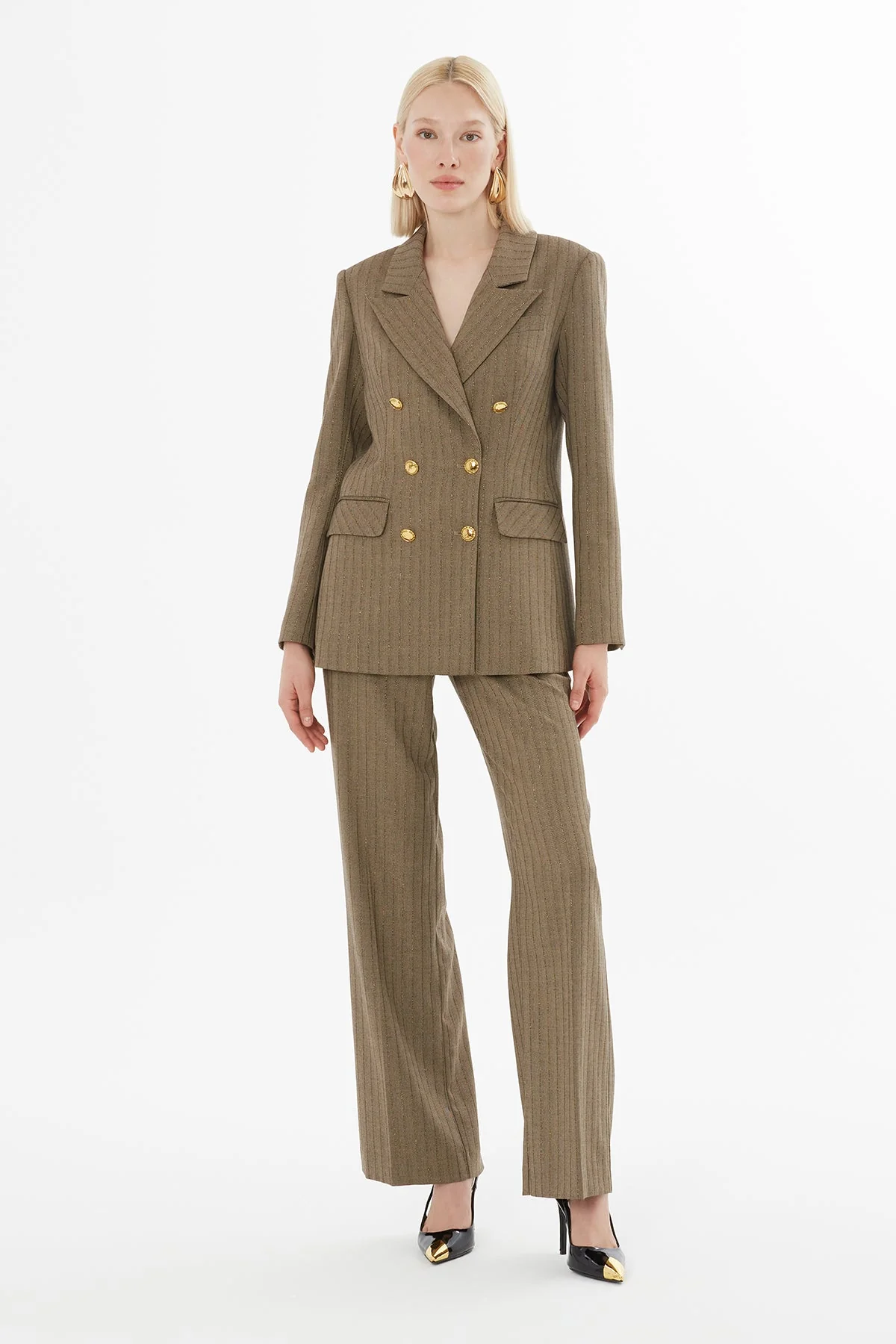 Beige Suit with Glittery Striped Jacket