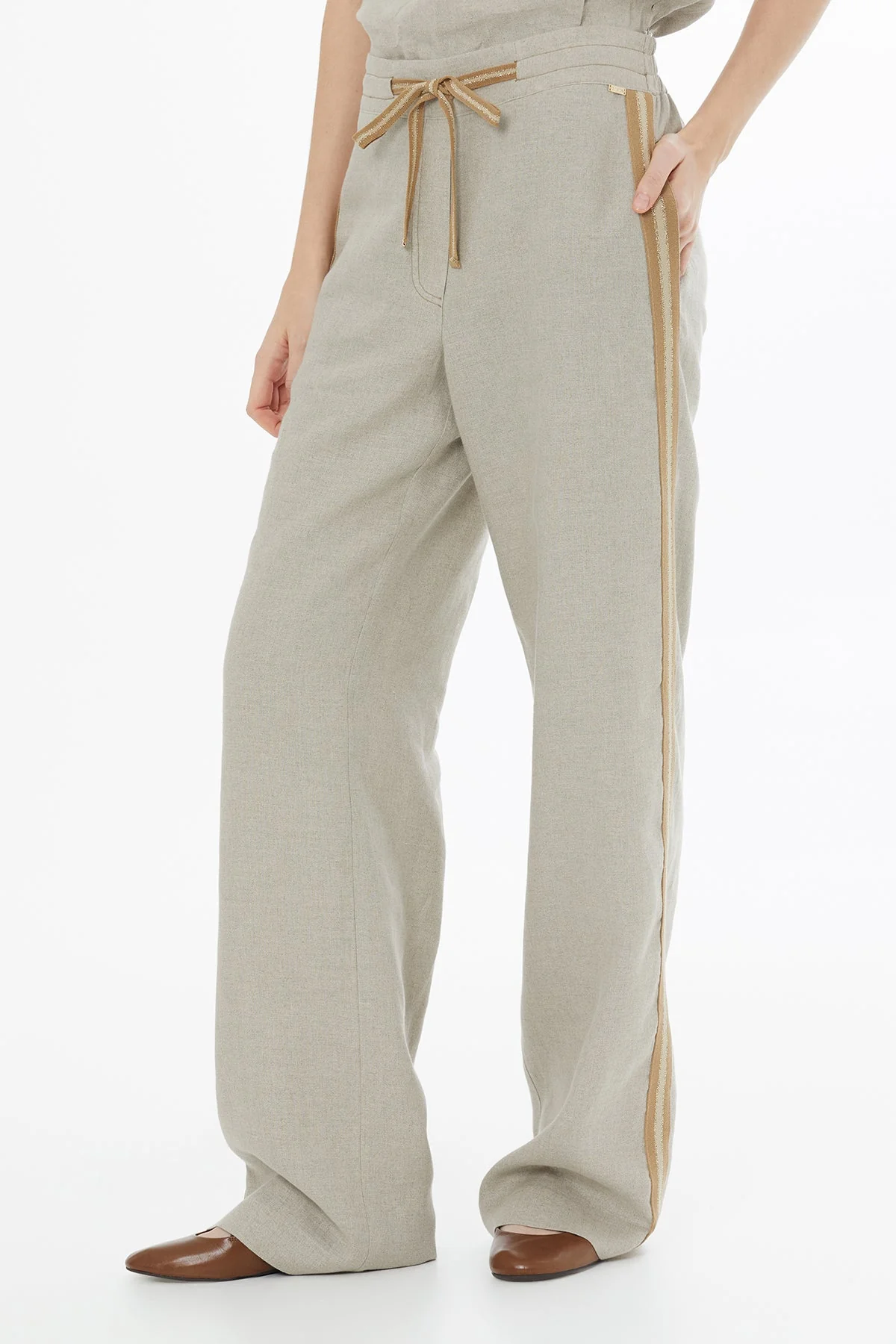 Beige Tie Detail Linen Trousers - Image 2