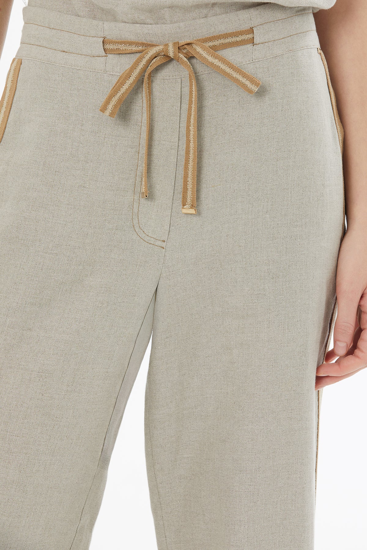 Beige Tie Detail Linen Trousers - Image 3