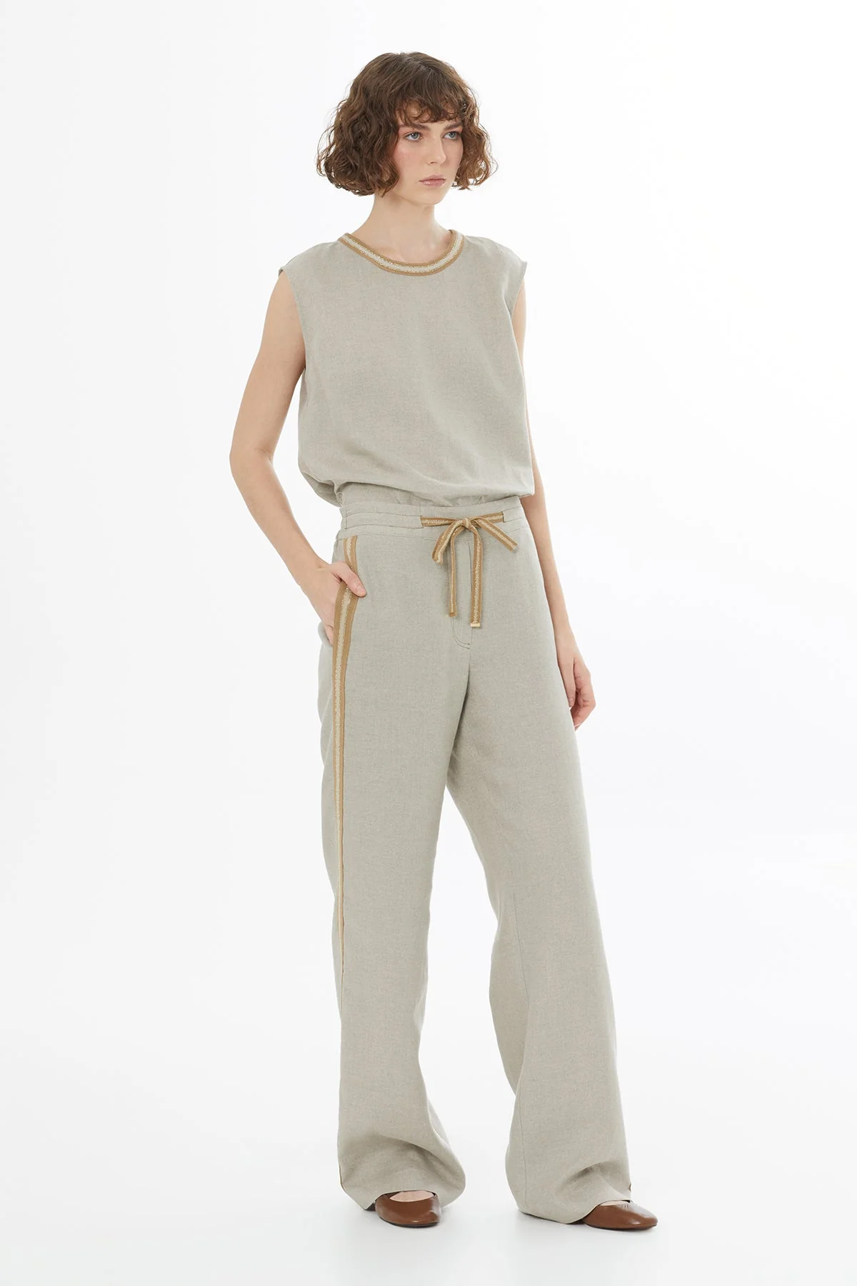 Beige Tie Detail Linen Trousers - Image 4