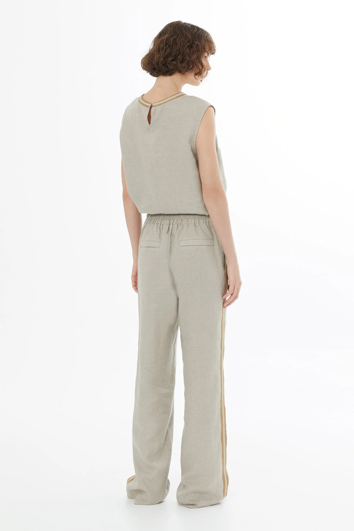 Beige Tie Detail Linen Trousers - Image 5